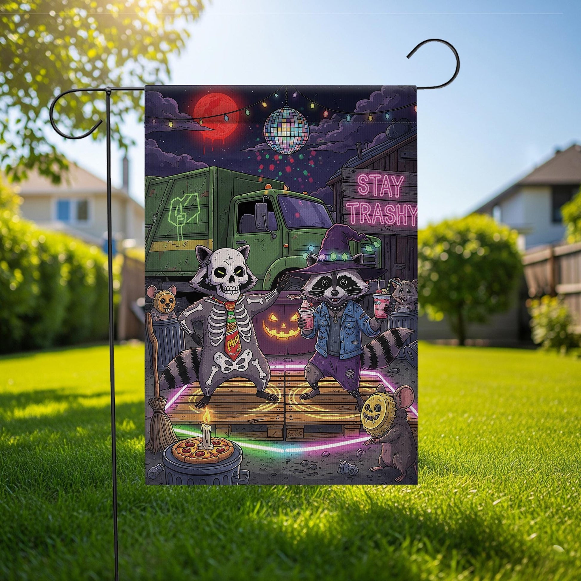 Stay Trashy Halloween Garden Flag – Funny Raccoon Skeleton Yard Decor – Trash Panda Witch Party Sign – Spooky Outdoor Banner