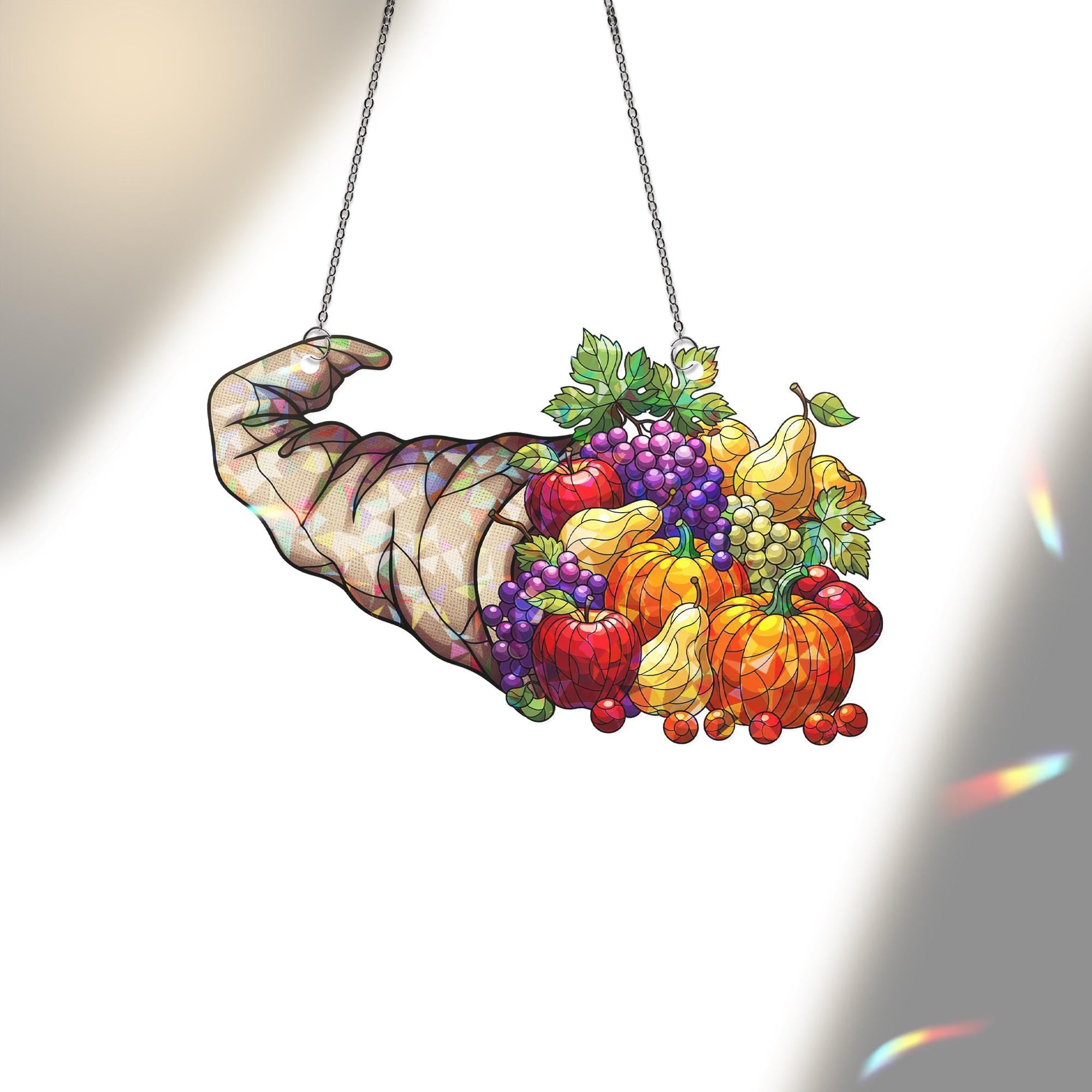 Gnome Hat Cornucopia Holographic Suncatcher – Fall Harvest Window Hanging, Thanksgiving Fruit Decor, Stained Glass Style Autumn Art