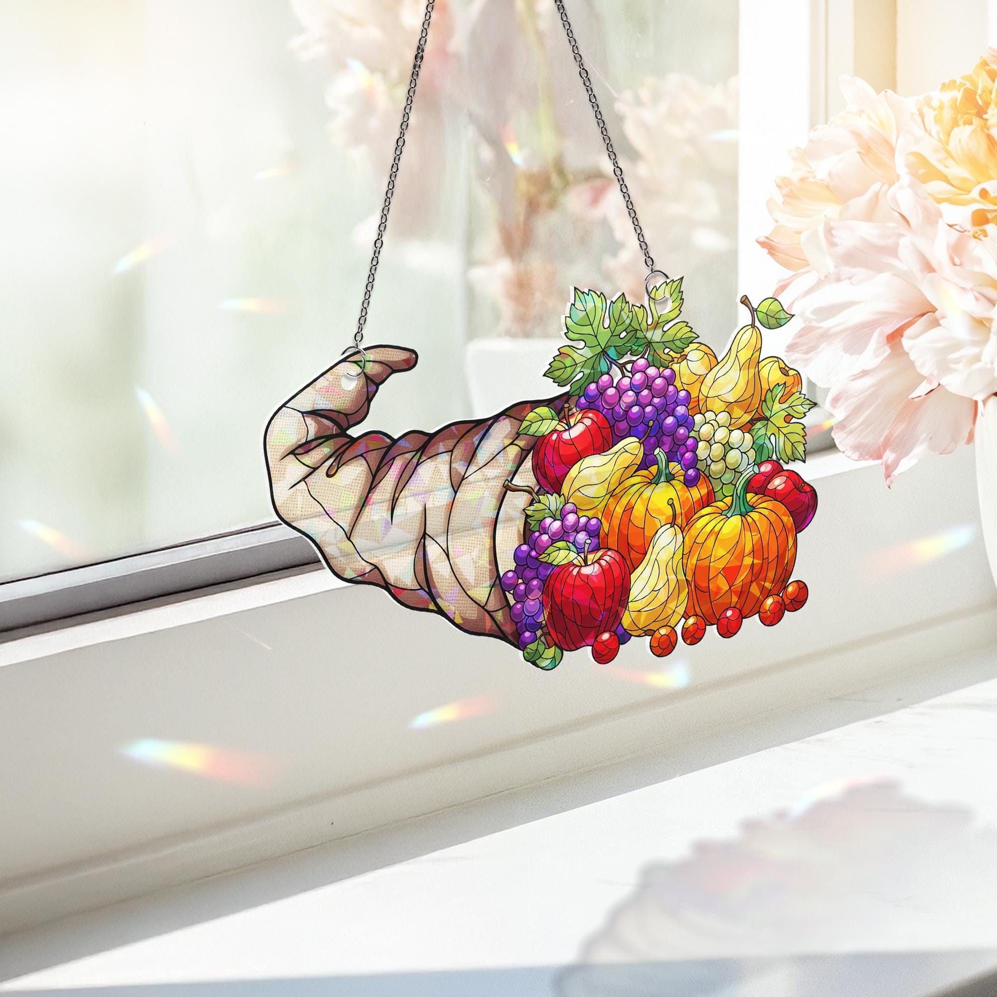 Gnome Hat Cornucopia Holographic Suncatcher – Fall Harvest Window Hanging, Thanksgiving Fruit Decor, Stained Glass Style Autumn Art