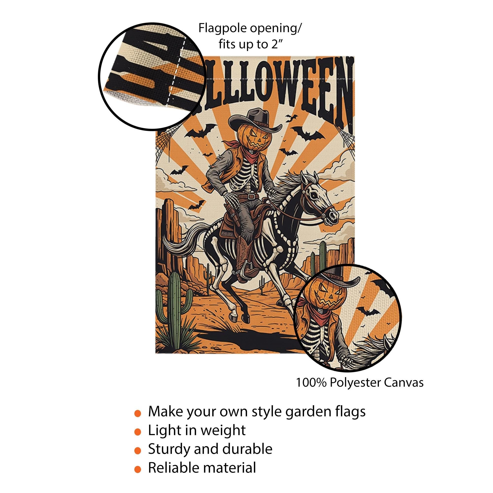 Cowboy Skeleton Halloween Garden Flag - Western Pumpkin Rider Yard Decor - Spooky Horseback Outdoor Fall Decoration