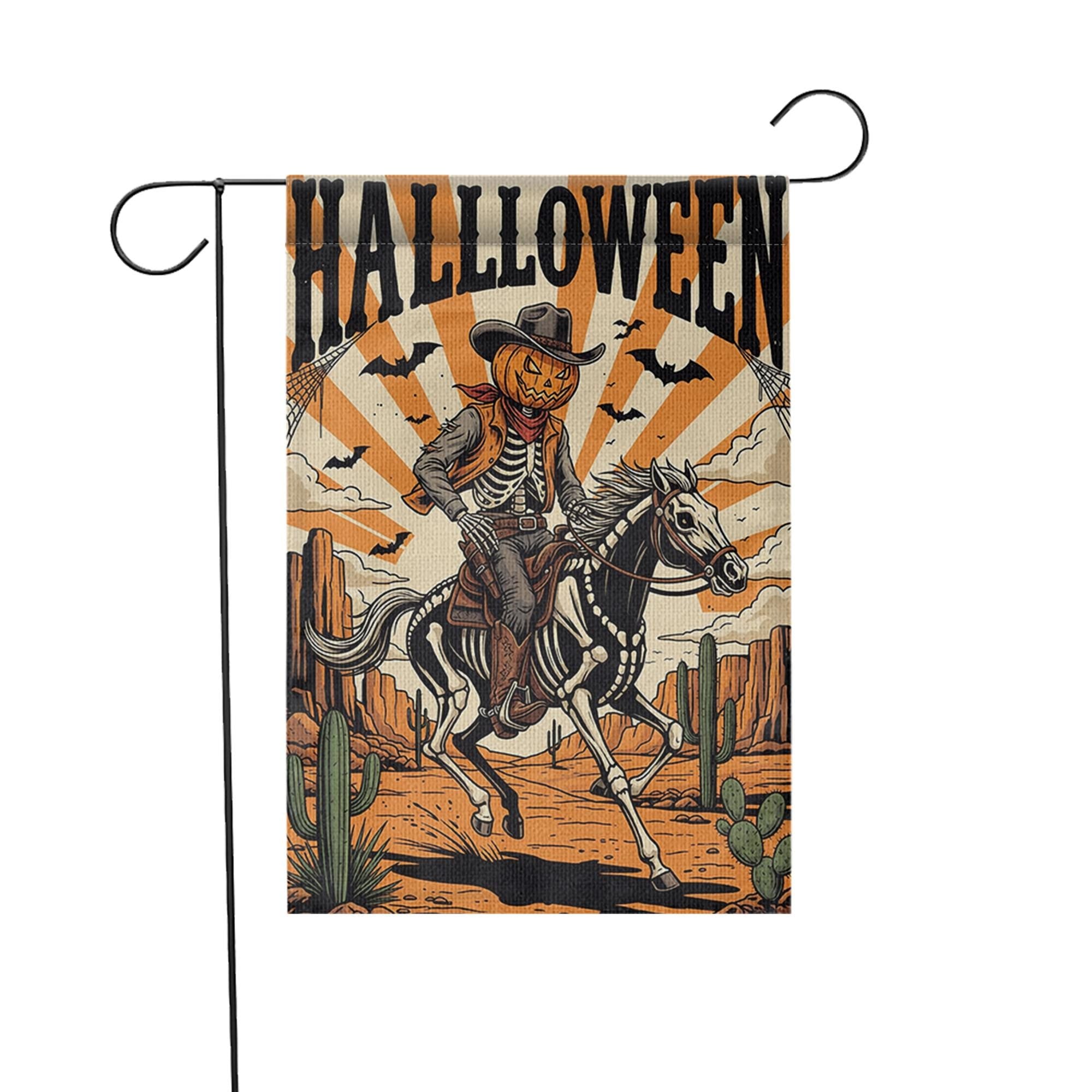 Cowboy Skeleton Halloween Garden Flag - Western Pumpkin Rider Yard Decor - Spooky Horseback Outdoor Fall Decoration