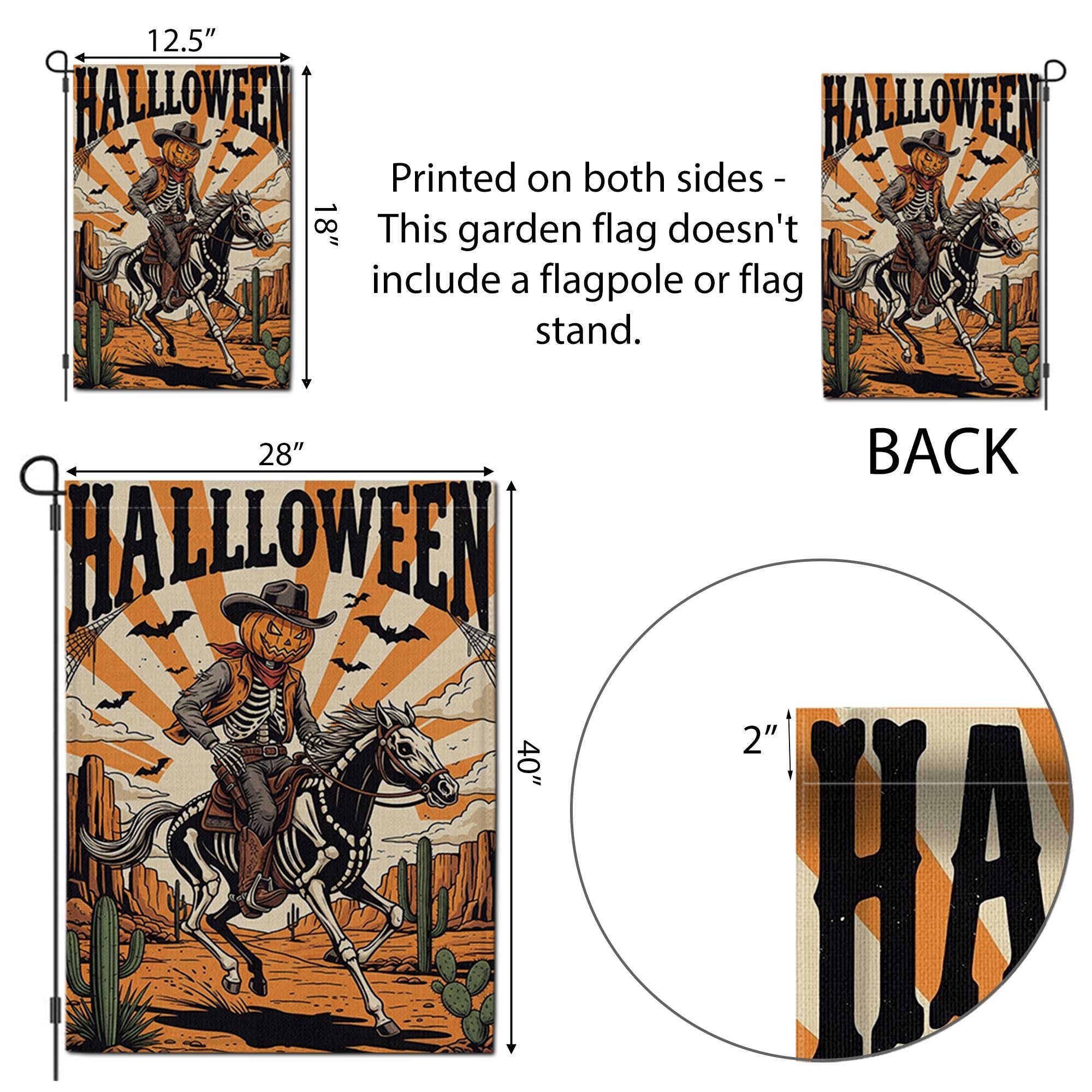 Cowboy Skeleton Halloween Garden Flag - Western Pumpkin Rider Yard Decor - Spooky Horseback Outdoor Fall Decoration