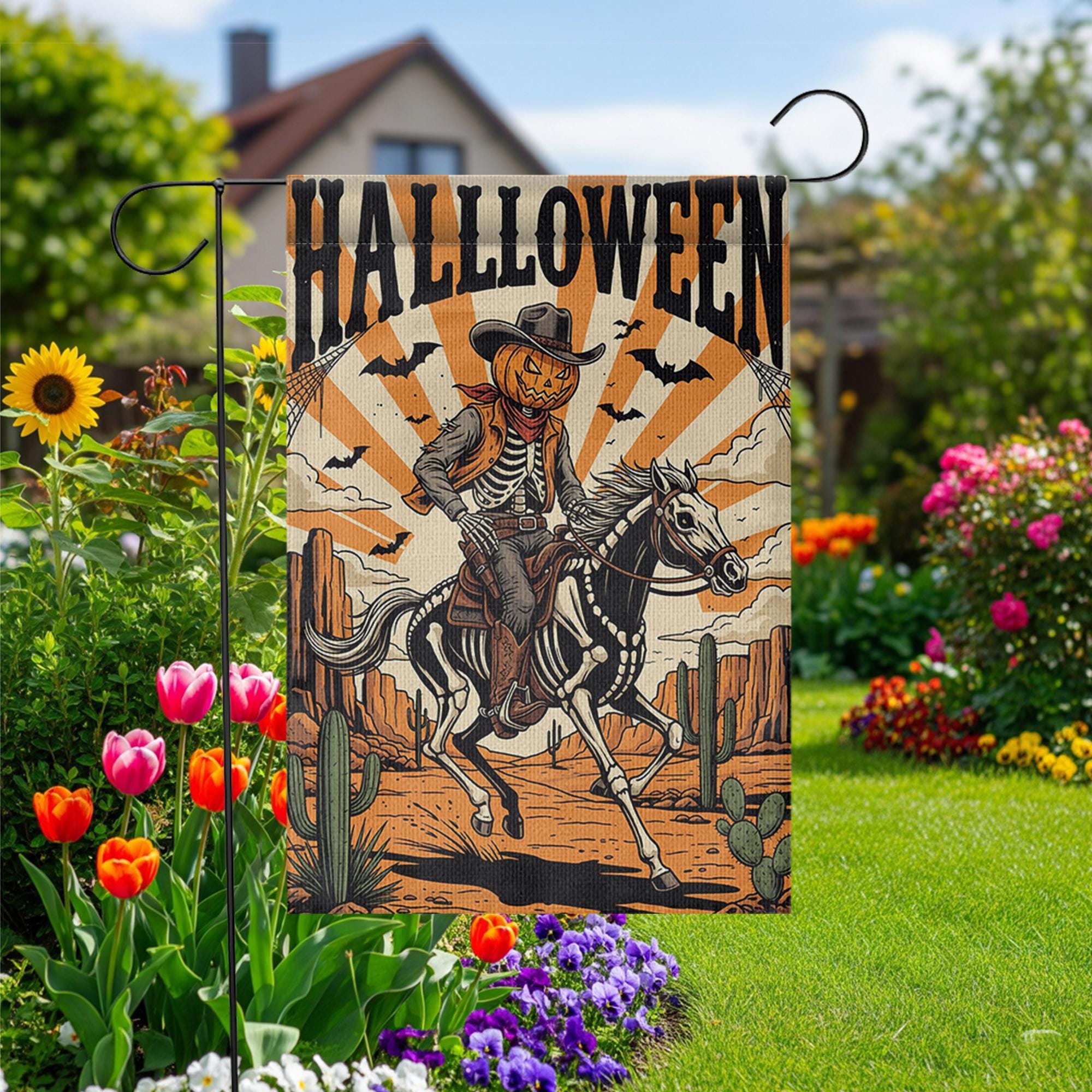 Cowboy Skeleton Halloween Garden Flag - Western Pumpkin Rider Yard Decor - Spooky Horseback Outdoor Fall Decoration