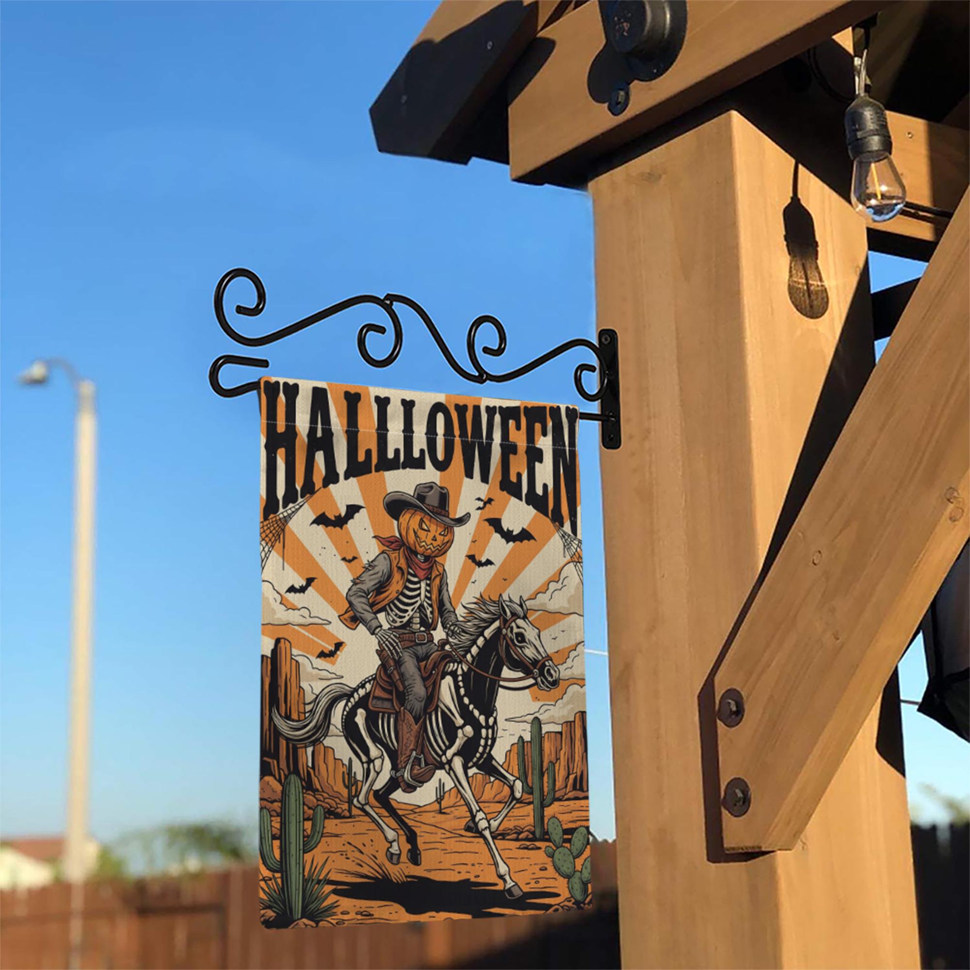 Cowboy Skeleton Halloween Garden Flag - Western Pumpkin Rider Yard Decor - Spooky Horseback Outdoor Fall Decoration