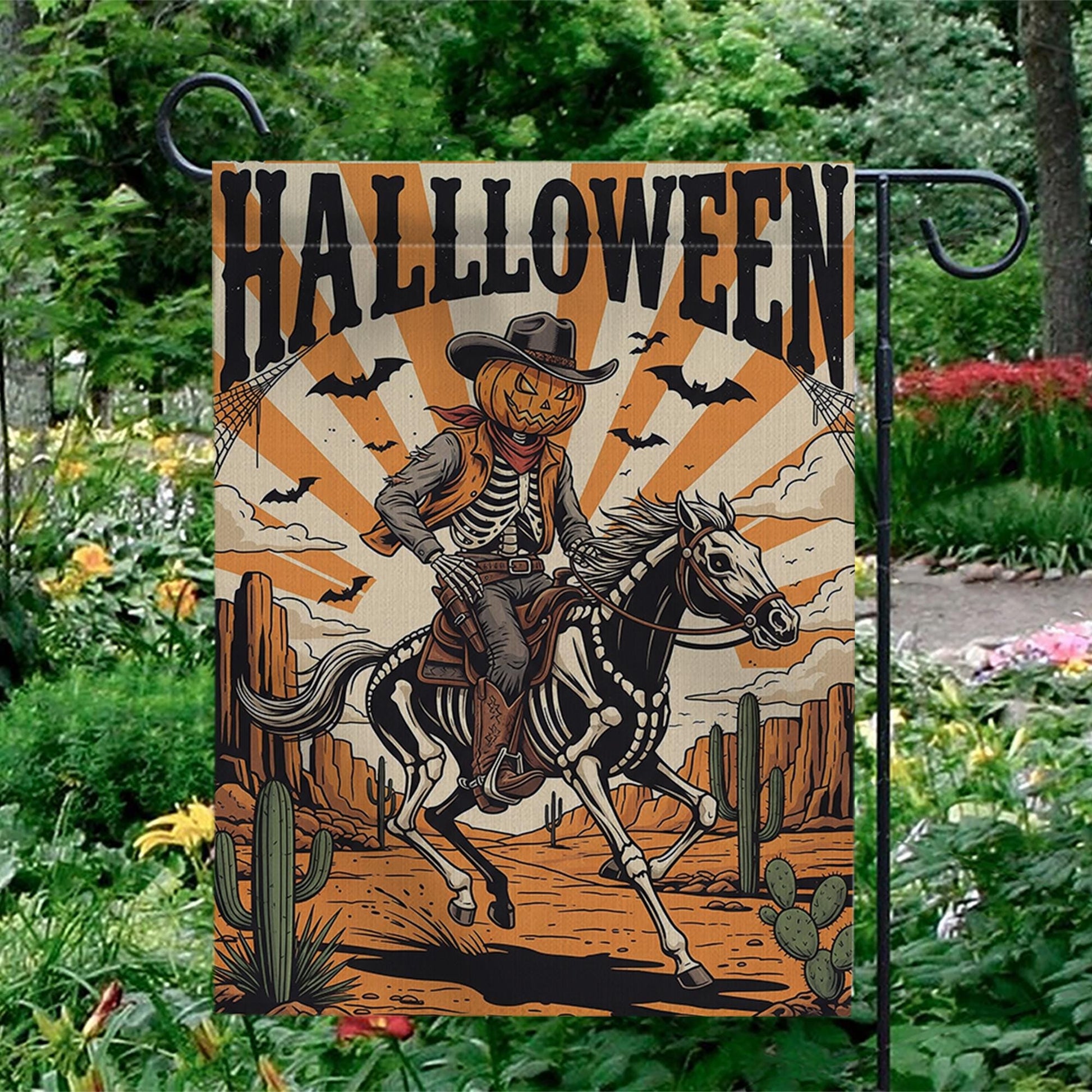 Cowboy Skeleton Halloween Garden Flag - Western Pumpkin Rider Yard Decor - Spooky Horseback Outdoor Fall Decoration
