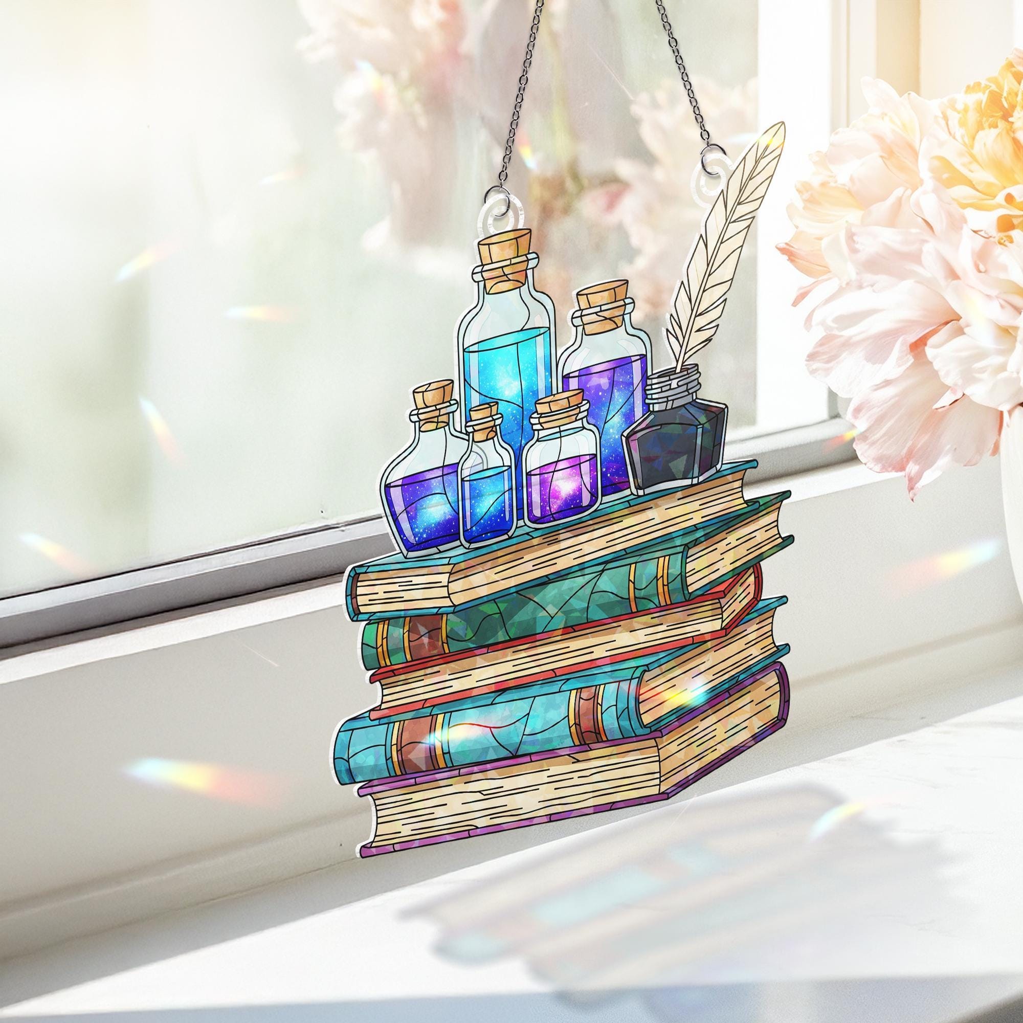 Potion Bottles and Books Holographic Suncatcher – Magic Alchemy Window Hanging, Fantasy Witchy Decor, Stained Glass Style Ornament