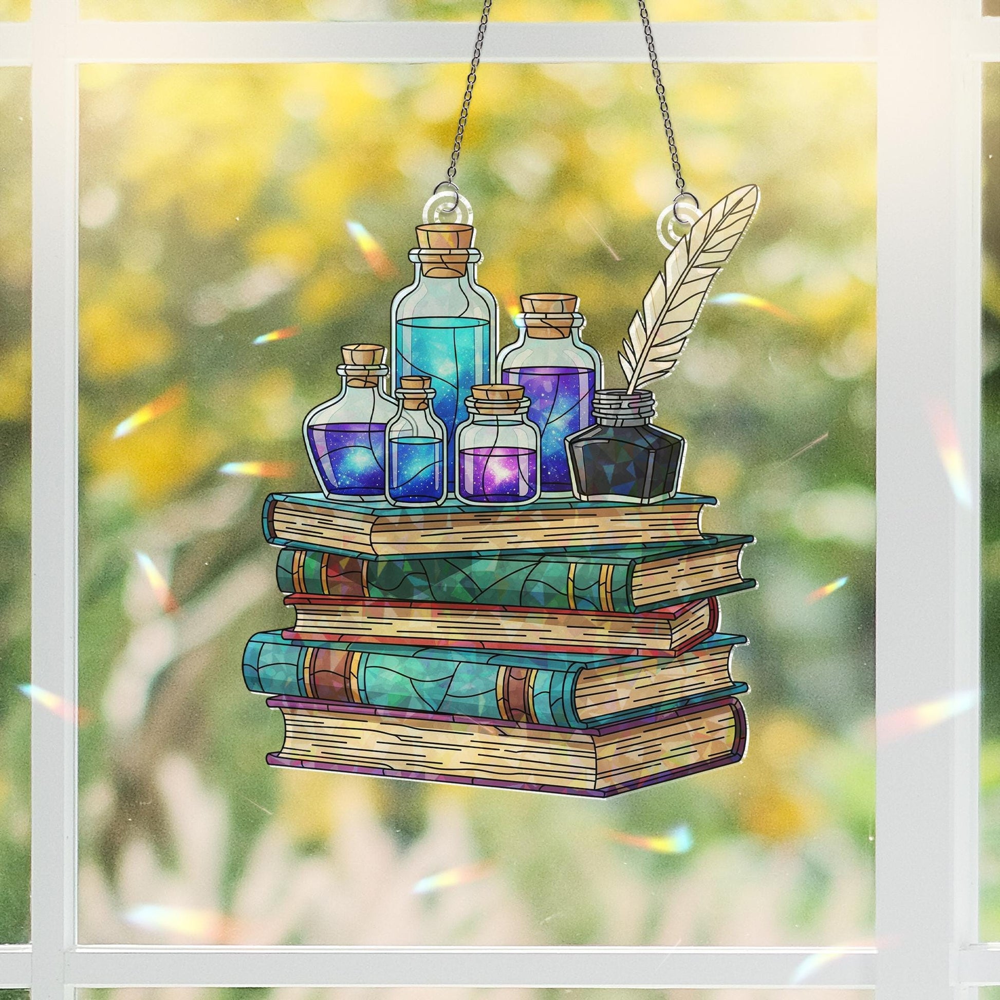 Potion Bottles and Books Holographic Suncatcher – Magic Alchemy Window Hanging, Fantasy Witchy Decor, Stained Glass Style Ornament