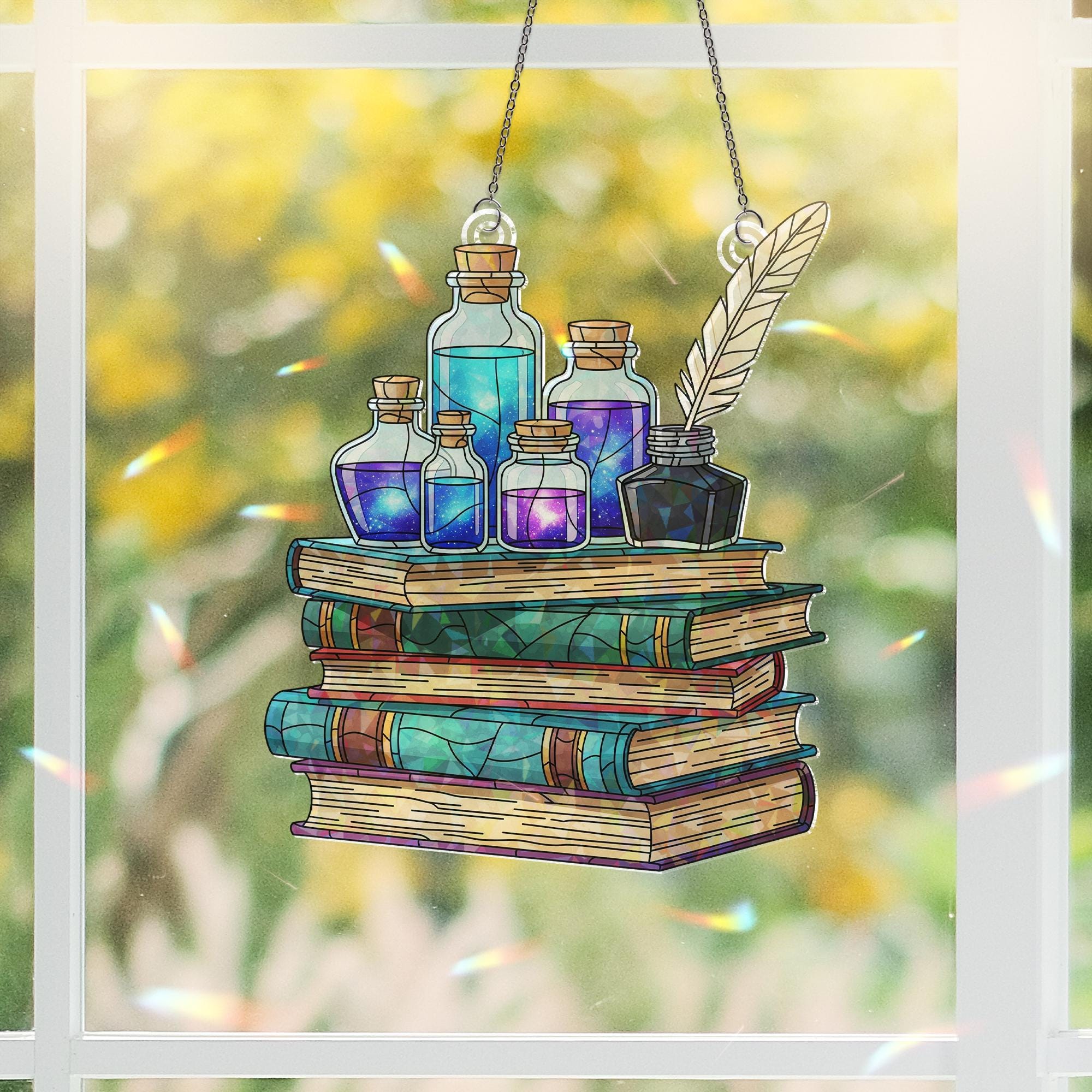 Potion Bottles and Books Holographic Suncatcher – Magic Alchemy Window Hanging, Fantasy Witchy Decor, Stained Glass Style Ornament