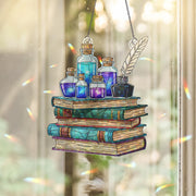 Potion Bottles and Books Holographic Suncatcher – Magic Alchemy Window Hanging, Fantasy Witchy Decor, Stained Glass Style Ornament
