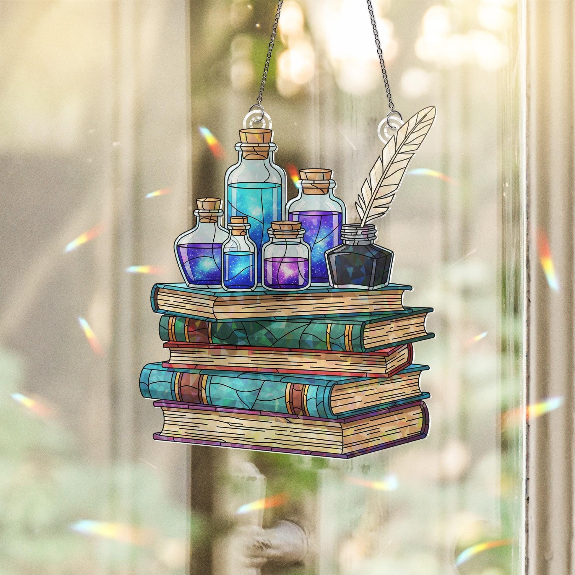 Potion Bottles and Books Holographic Suncatcher – Magic Alchemy Window Hanging, Fantasy Witchy Decor, Stained Glass Style Ornament