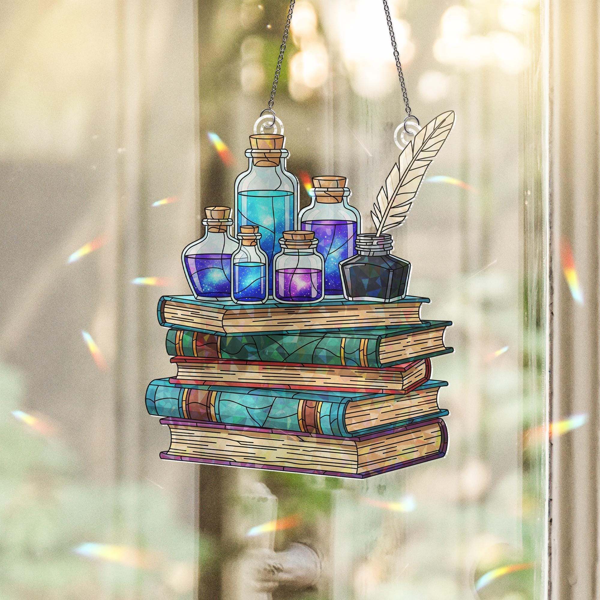 Potion Bottles and Books Holographic Suncatcher – Magic Alchemy Window Hanging, Fantasy Witchy Decor, Stained Glass Style Ornament