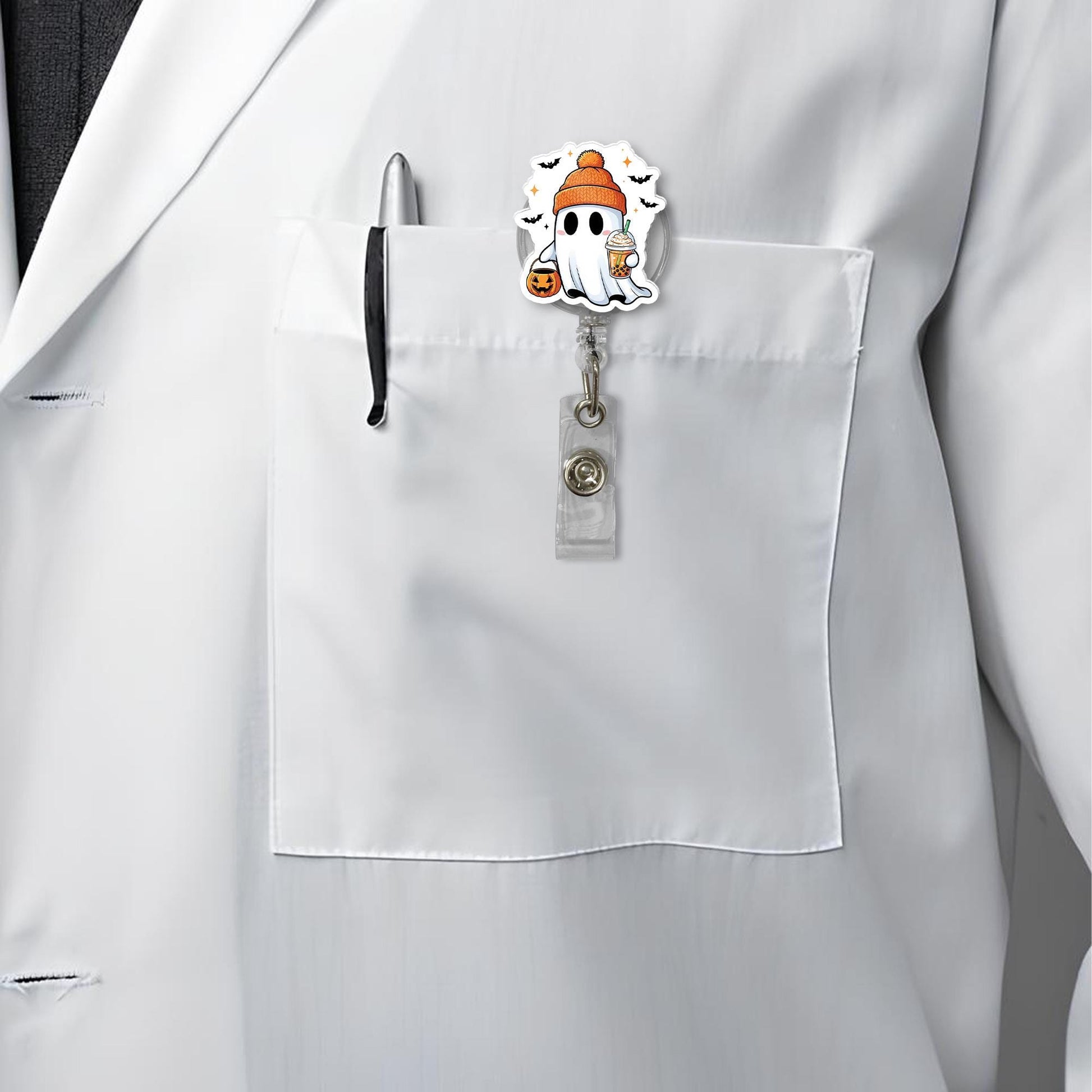 Fall Ghost Badge Reel, Halloween Coffee ID Clip, Cute Pumpkin Spice Badge Holder, Autumn Nurse Accessory, Spooky Season Gift