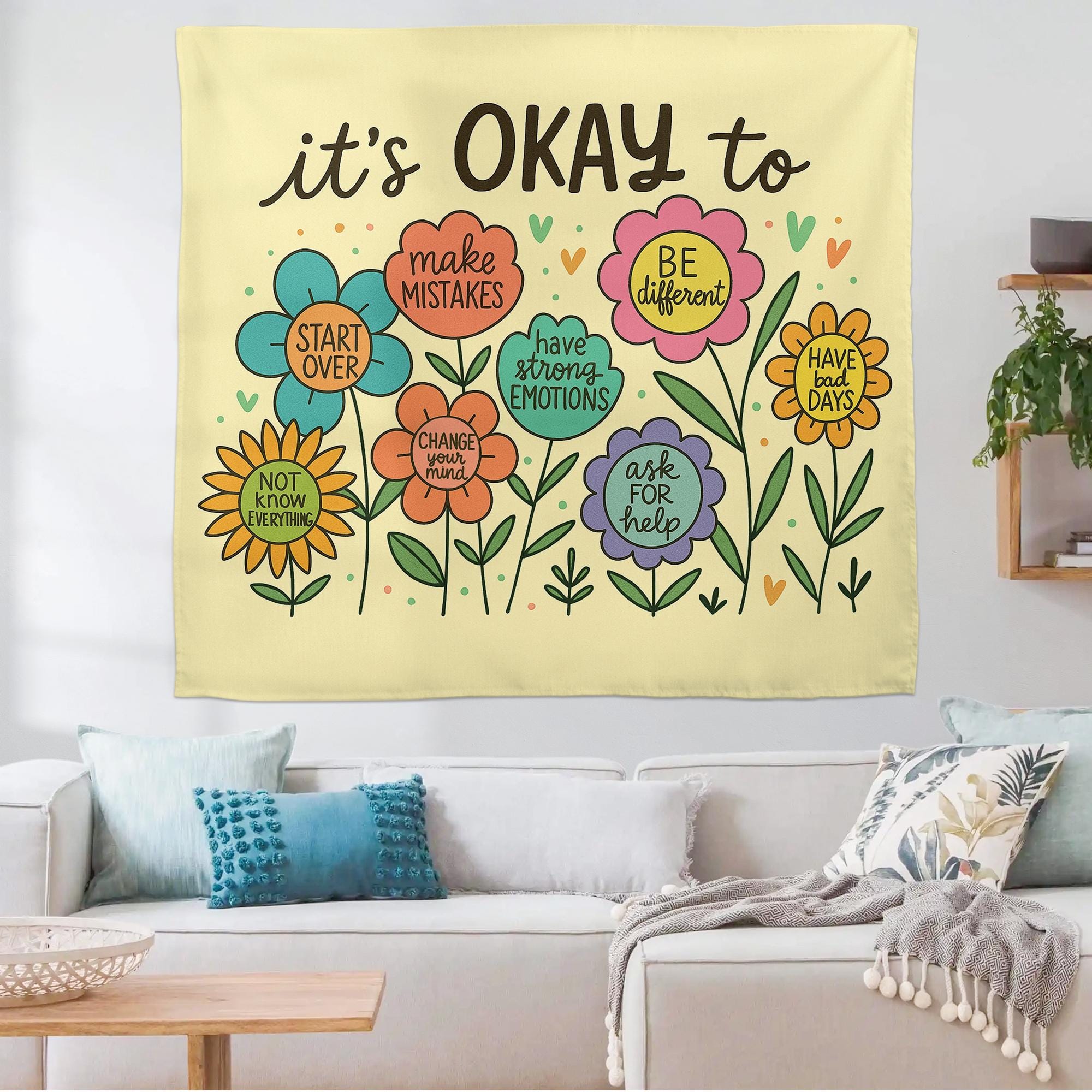 It’s Okay To Tapestry – Positive Mental Health Wall Art, Classroom or Therapy Office Decor, Inspirational Growth Banner for Kids & Adults