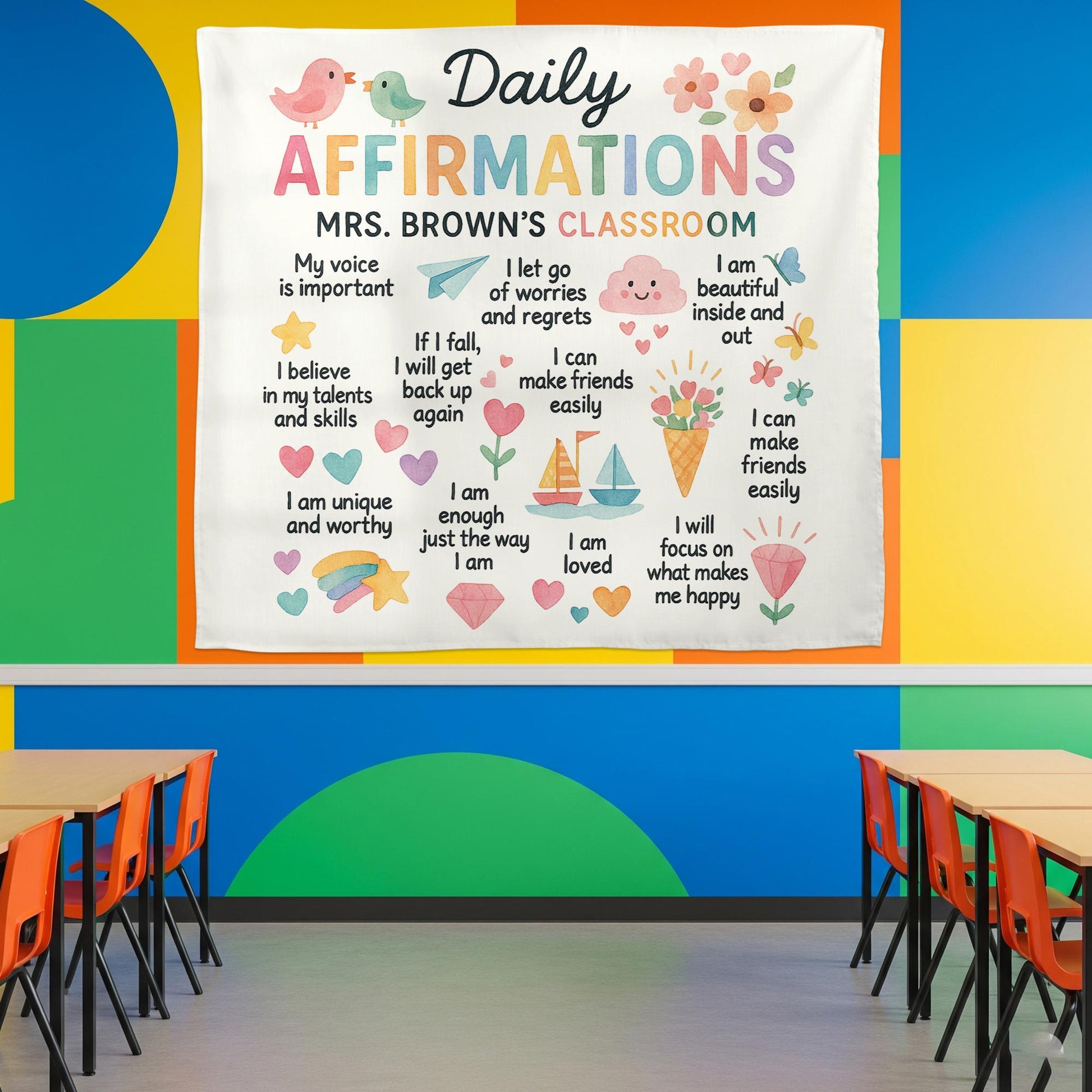 Personalized Classroom Daily Affirmations Tapestry, Kids Motivation Wall Decor, Positive Quote Banner for Teachers, Preschool Classroom