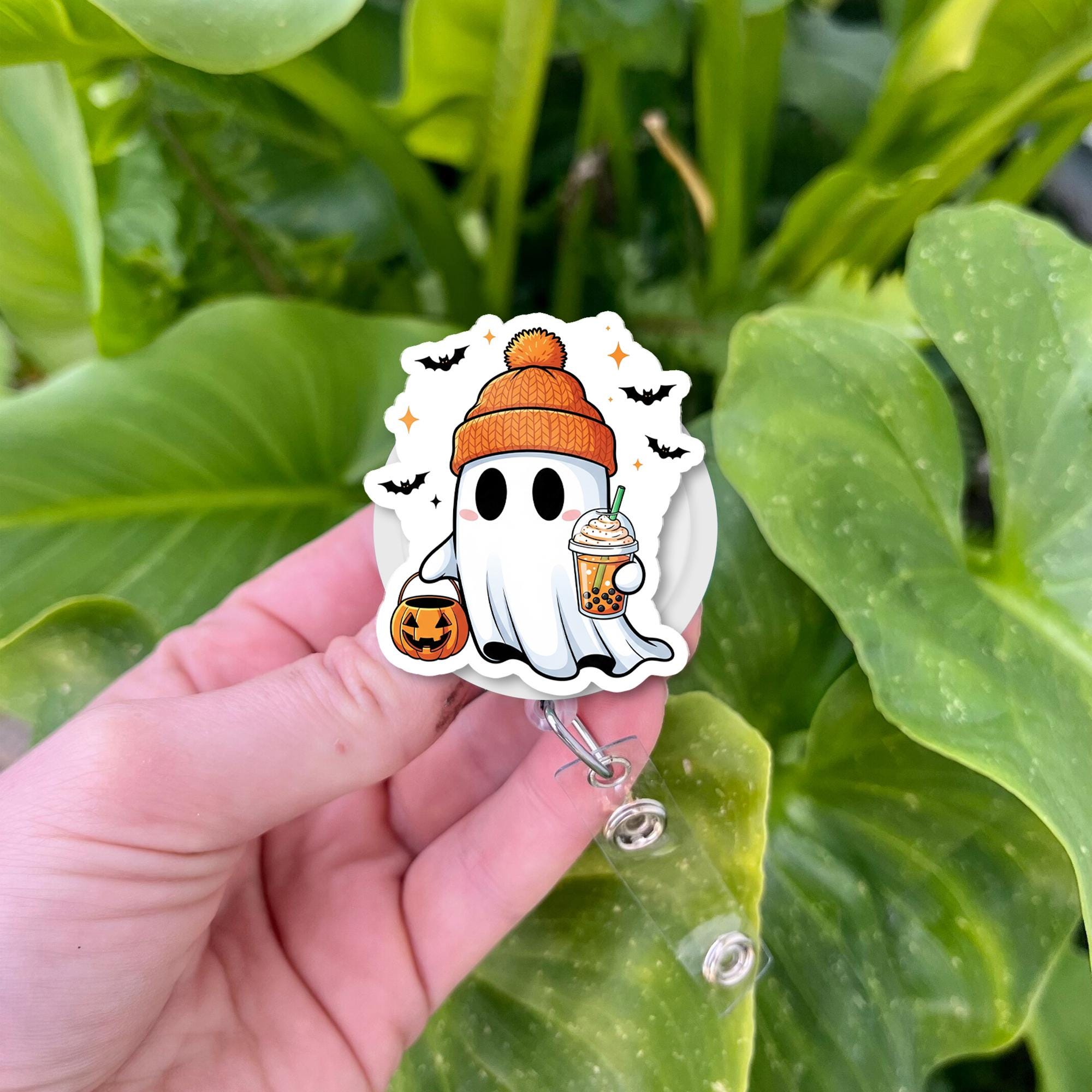 Fall Ghost Badge Reel, Halloween Coffee ID Clip, Cute Pumpkin Spice Badge Holder, Autumn Nurse Accessory, Spooky Season Gift