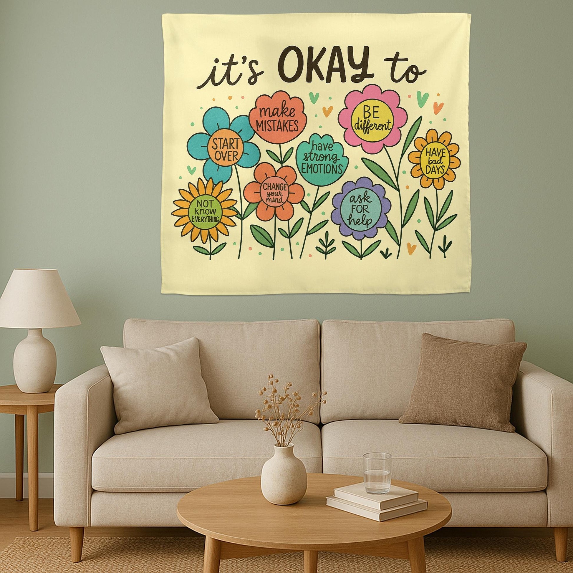 It’s Okay To Tapestry – Positive Mental Health Wall Art, Classroom or Therapy Office Decor, Inspirational Growth Banner for Kids & Adults