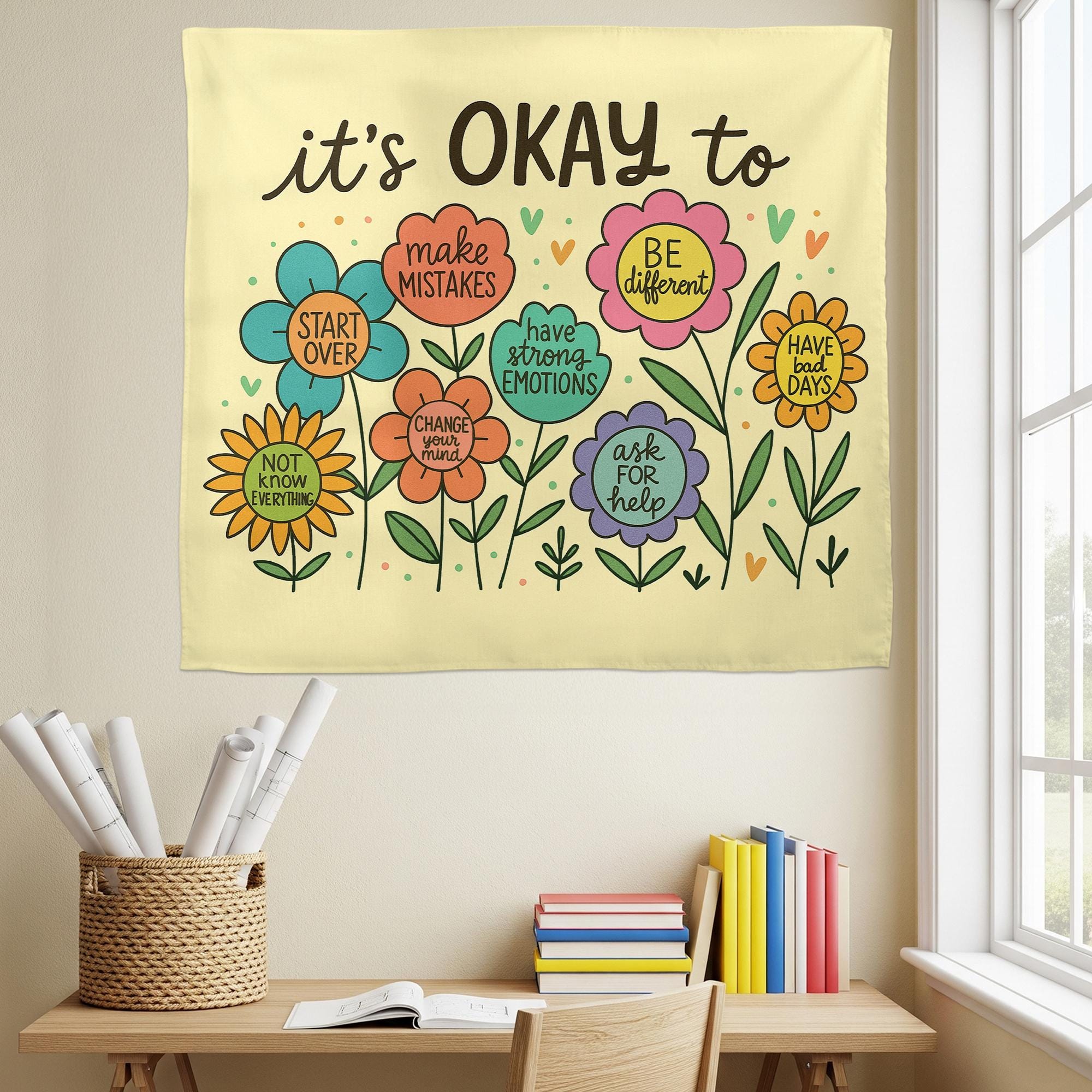 It’s Okay To Tapestry – Positive Mental Health Wall Art, Classroom or Therapy Office Decor, Inspirational Growth Banner for Kids & Adults