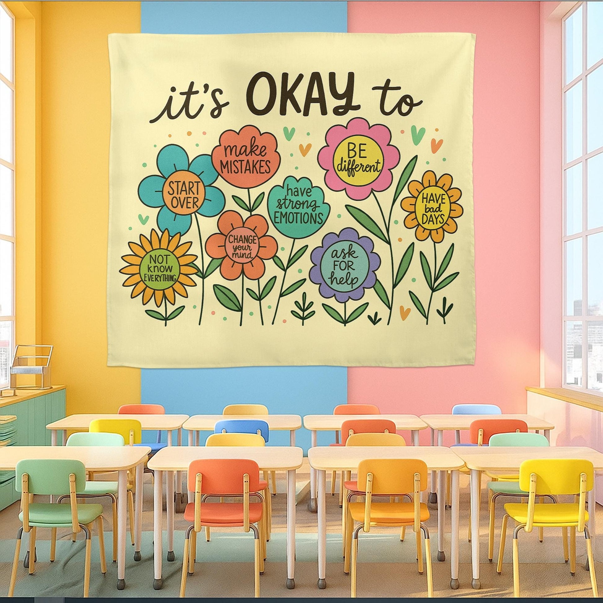 It’s Okay To Tapestry – Positive Mental Health Wall Art, Classroom or Therapy Office Decor, Inspirational Growth Banner for Kids & Adults