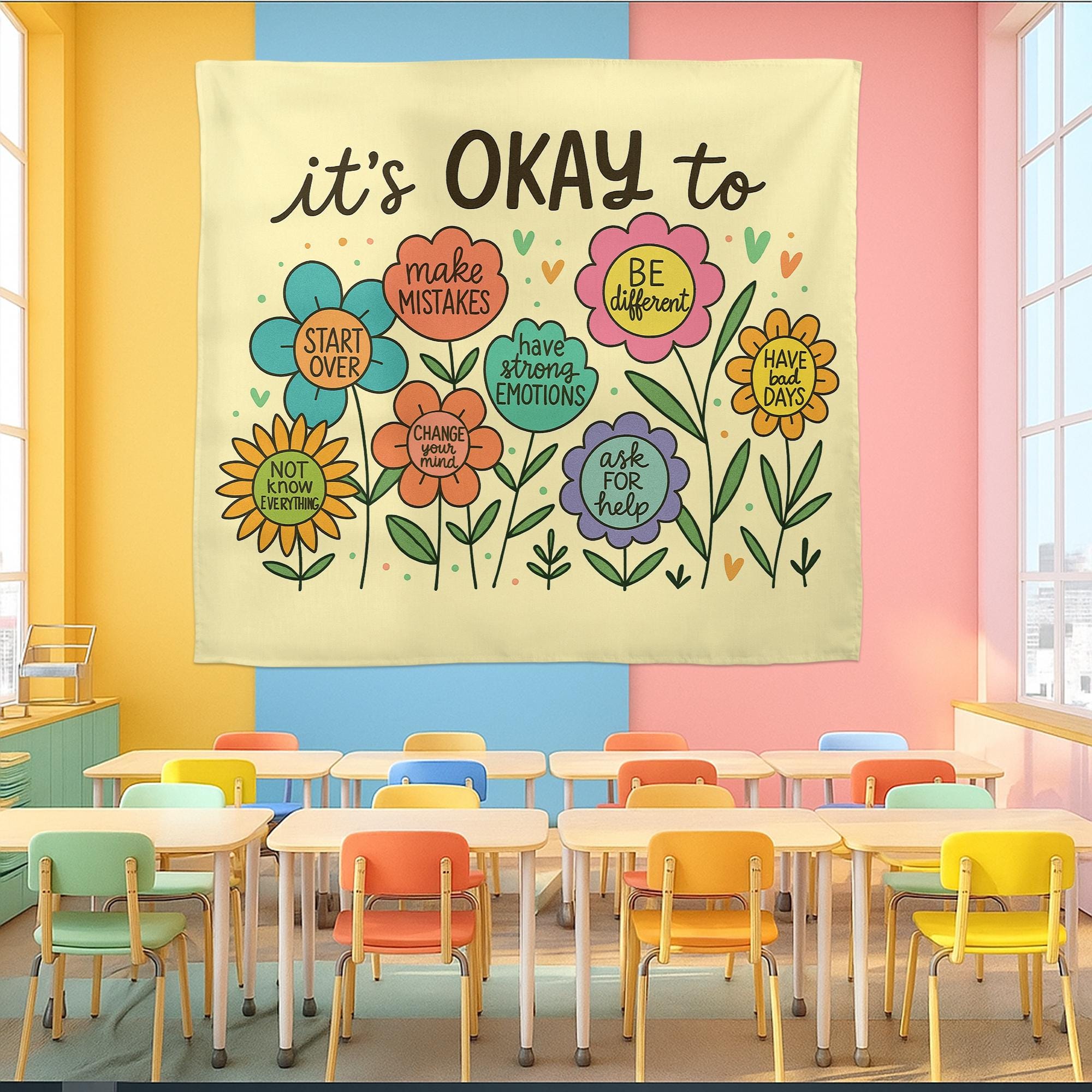 It’s Okay To Tapestry – Positive Mental Health Wall Art, Classroom or Therapy Office Decor, Inspirational Growth Banner for Kids & Adults