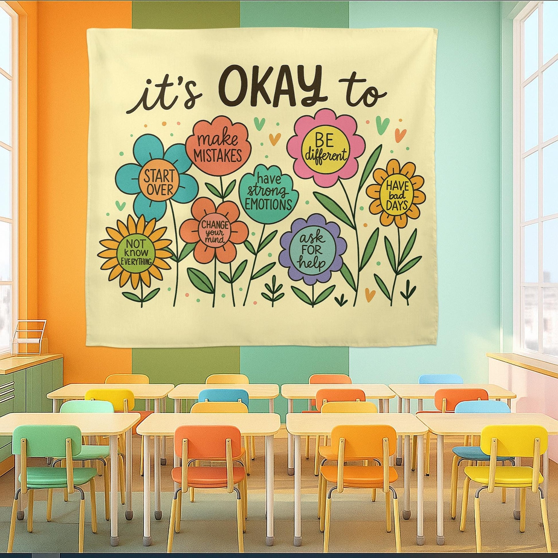 It’s Okay To Tapestry – Positive Mental Health Wall Art, Classroom or Therapy Office Decor, Inspirational Growth Banner for Kids & Adults