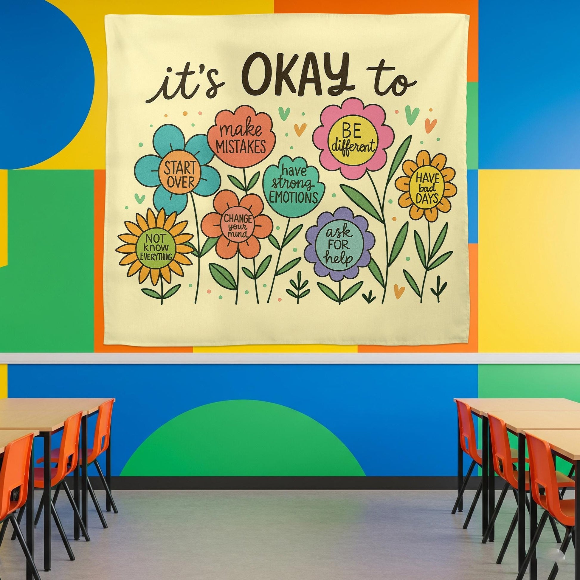 It’s Okay To Tapestry – Positive Mental Health Wall Art, Classroom or Therapy Office Decor, Inspirational Growth Banner for Kids & Adults