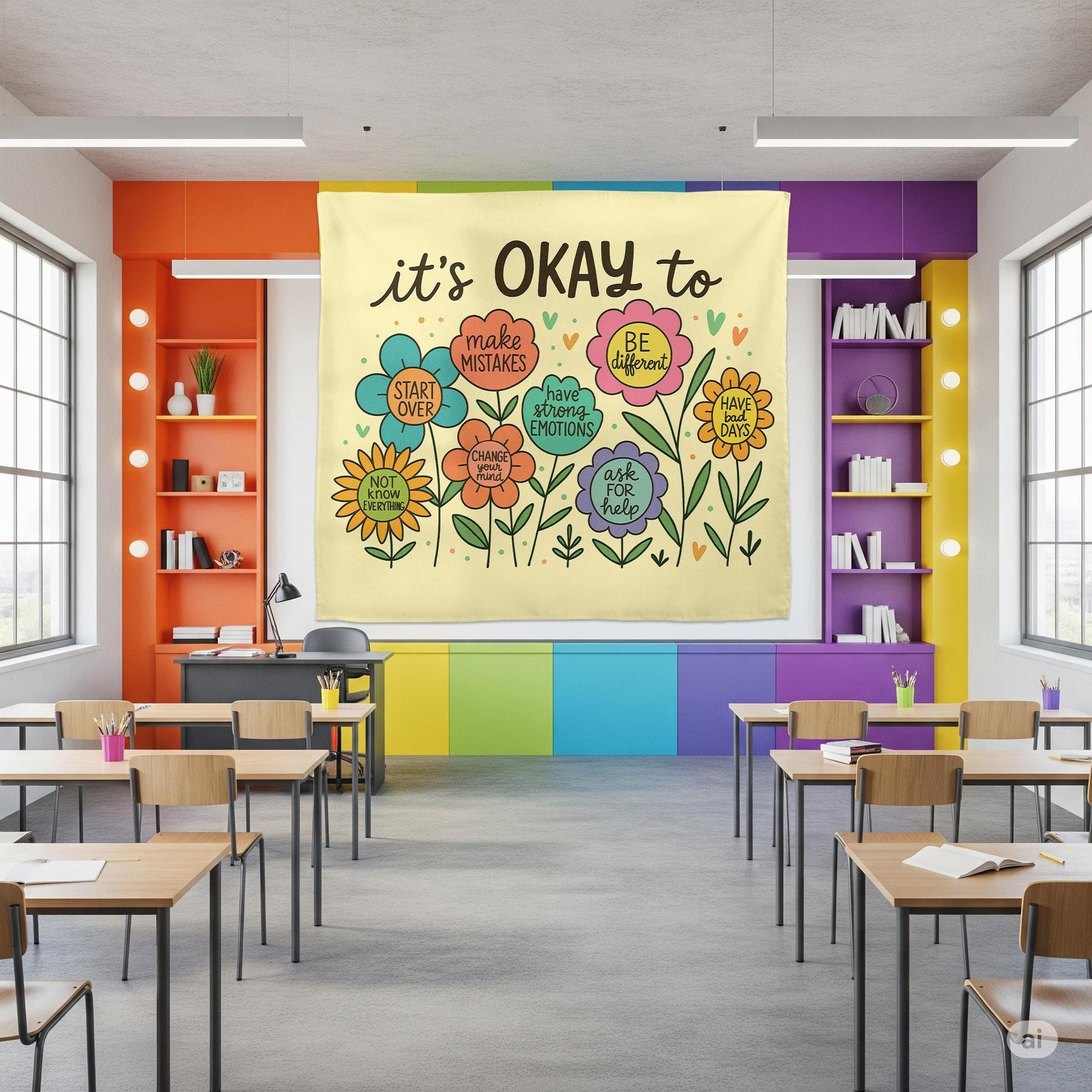 It’s Okay To Tapestry – Positive Mental Health Wall Art, Classroom or Therapy Office Decor, Inspirational Growth Banner for Kids & Adults