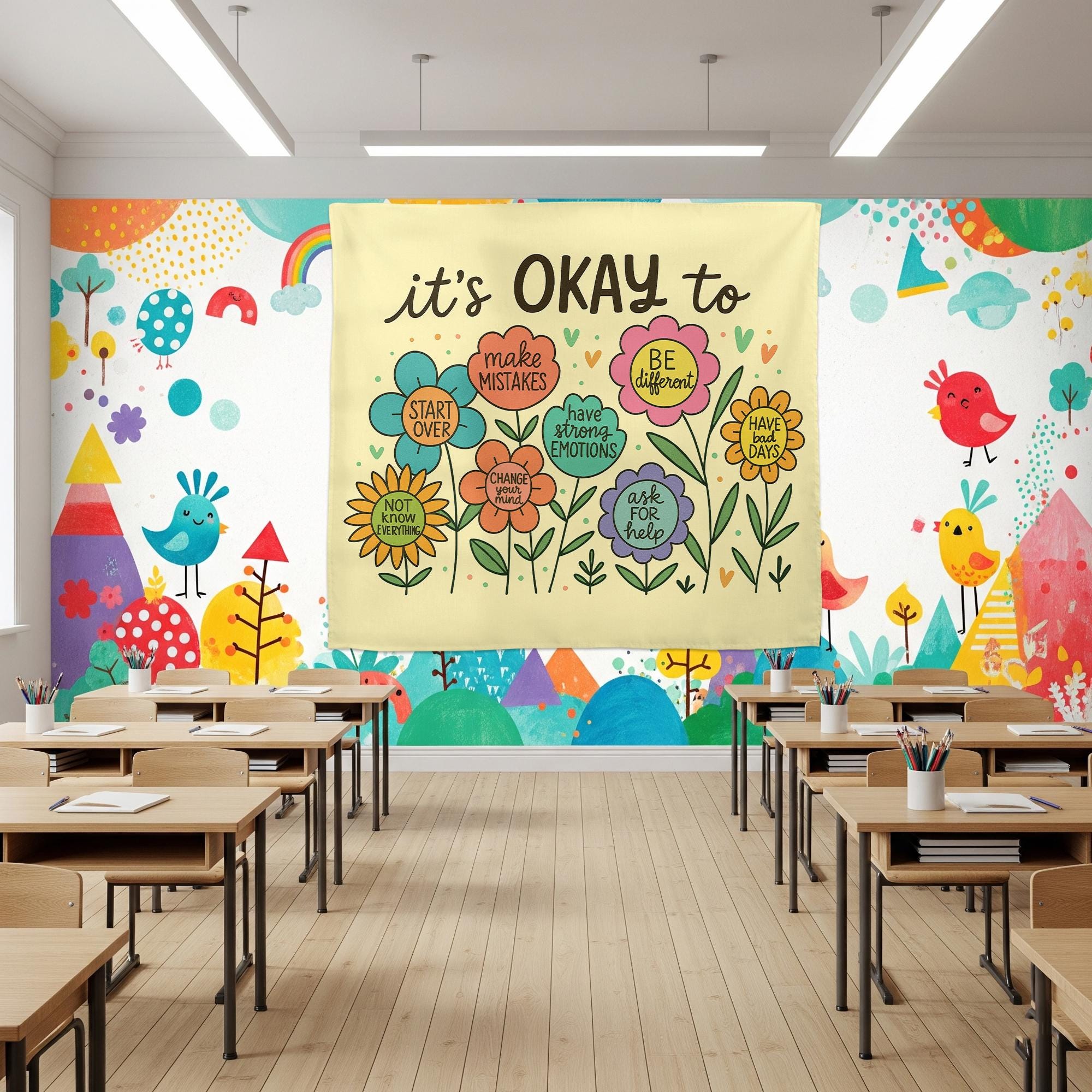 It’s Okay To Tapestry – Positive Mental Health Wall Art, Classroom or Therapy Office Decor, Inspirational Growth Banner for Kids & Adults