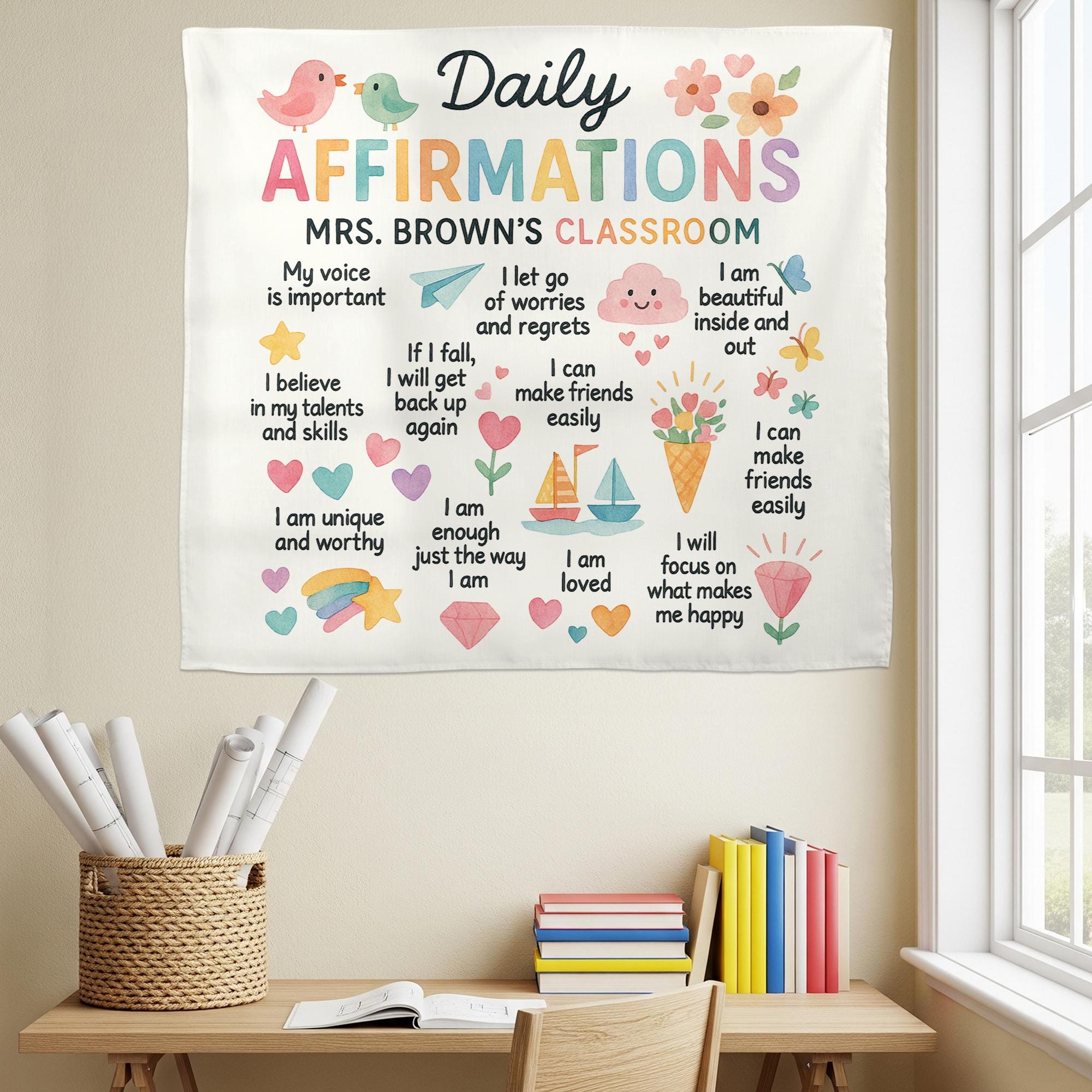 Personalized Classroom Daily Affirmations Tapestry, Kids Motivation Wall Decor, Positive Quote Banner for Teachers, Preschool Classroom