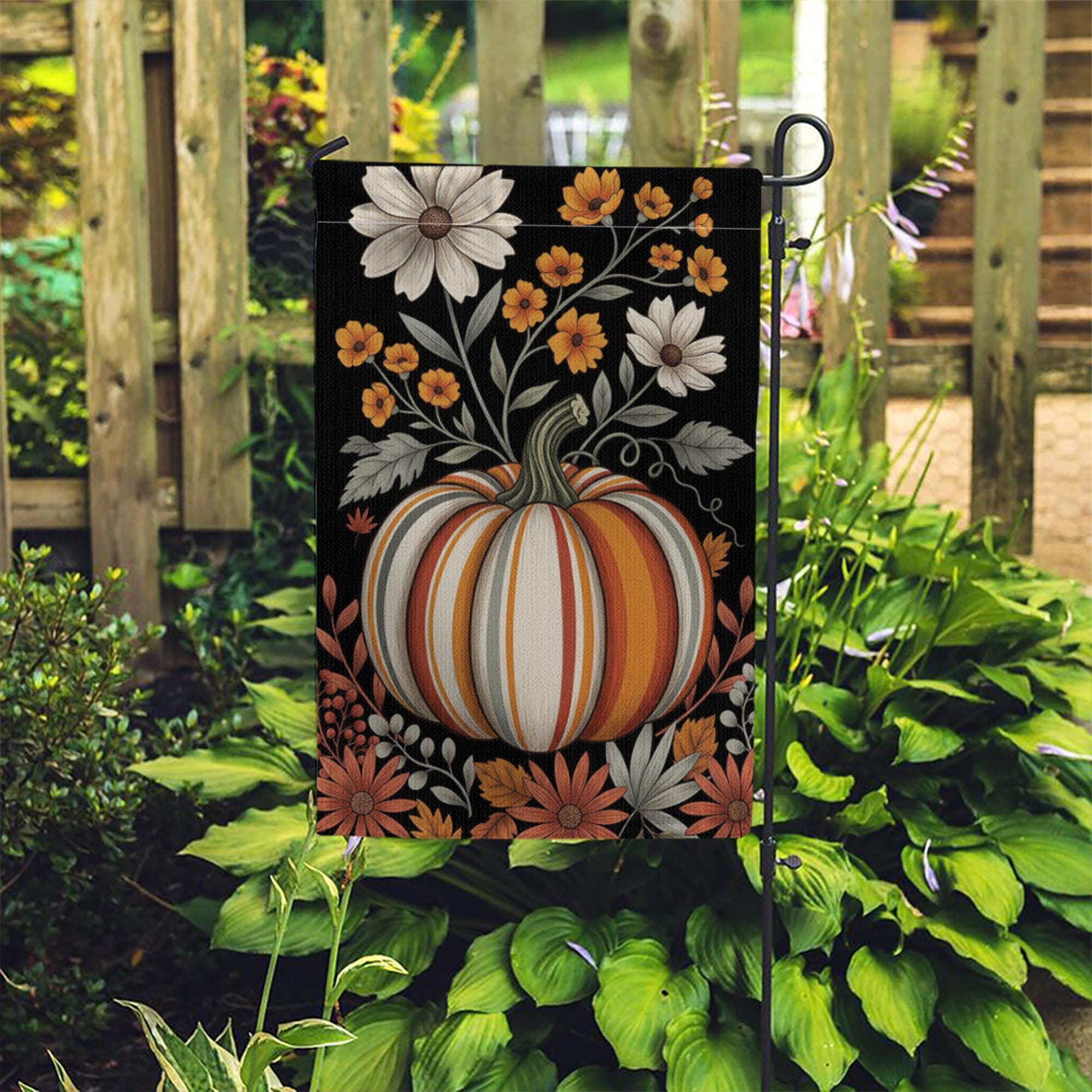 Pumpkin and Floral Fall Garden Flag – Rustic Autumn Yard Decor, Vintage Botanical Thanksgiving Outdoor Banner, Harvest Porch Decoration