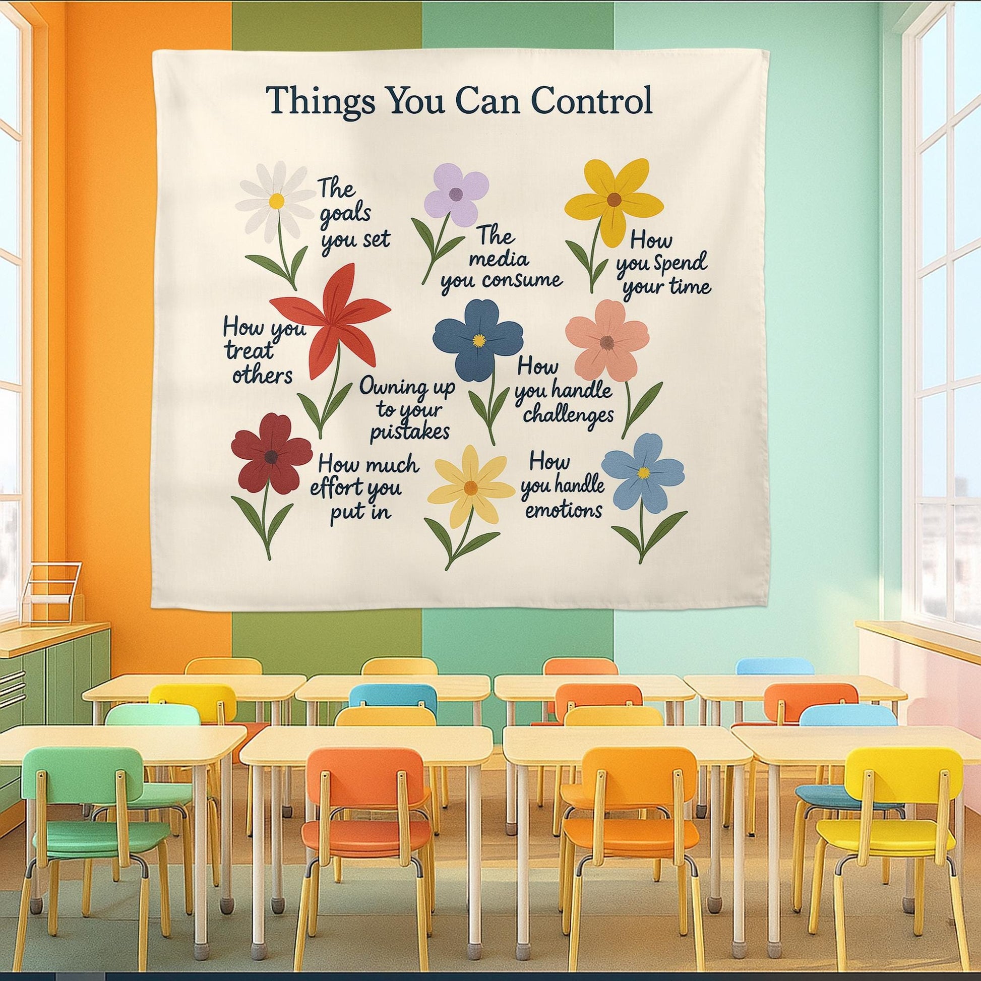 Things You Can Control Tapestry, Mental Health Wall Art, Motivational Floral Decor, Therapy Office Poster, Growth Mindset Gift