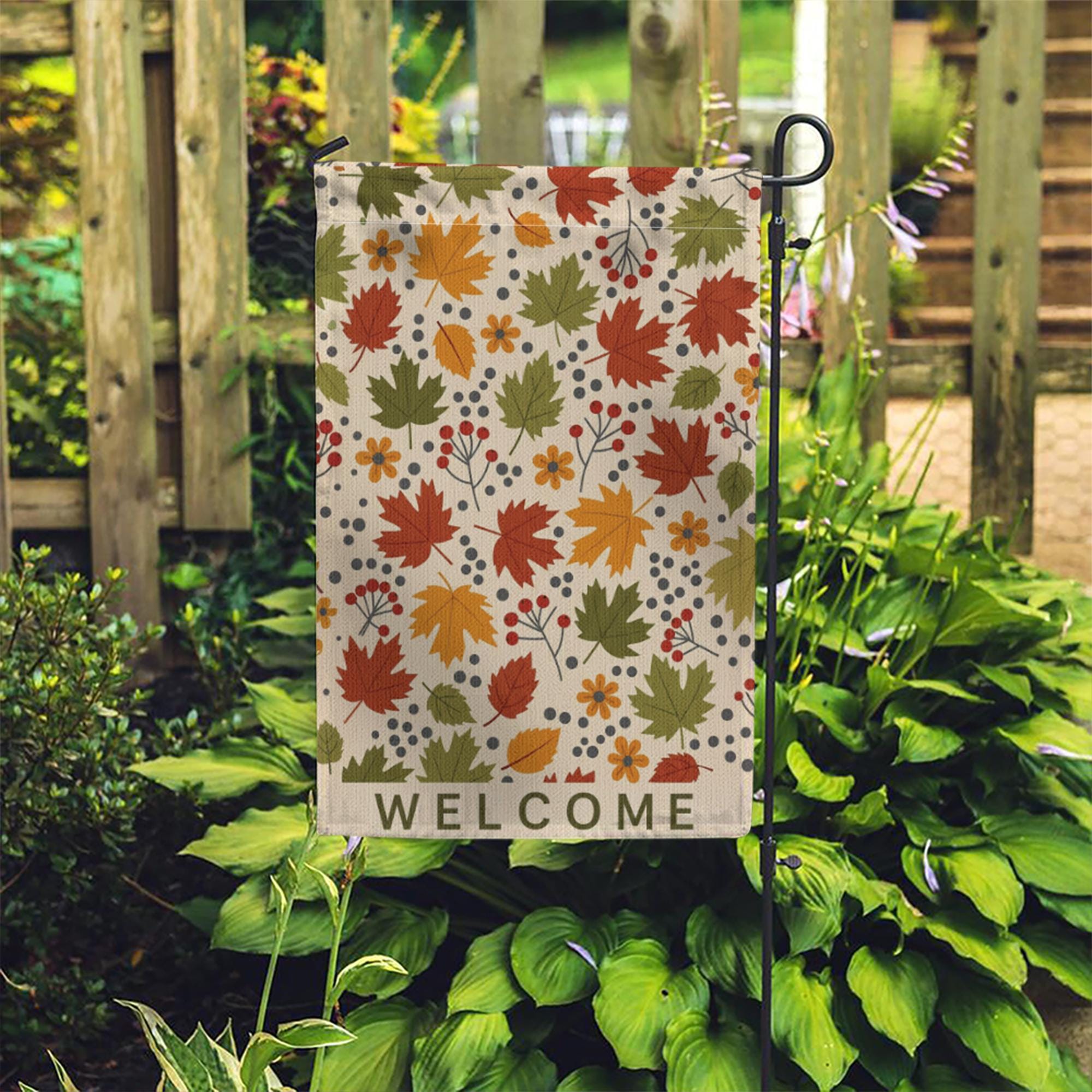 Welcome Fall Leaves Garden Flag – Autumn Yard Decor with Colorful Foliage and Berries, Seasonal Outdoor Sign for Porch or Garden Display