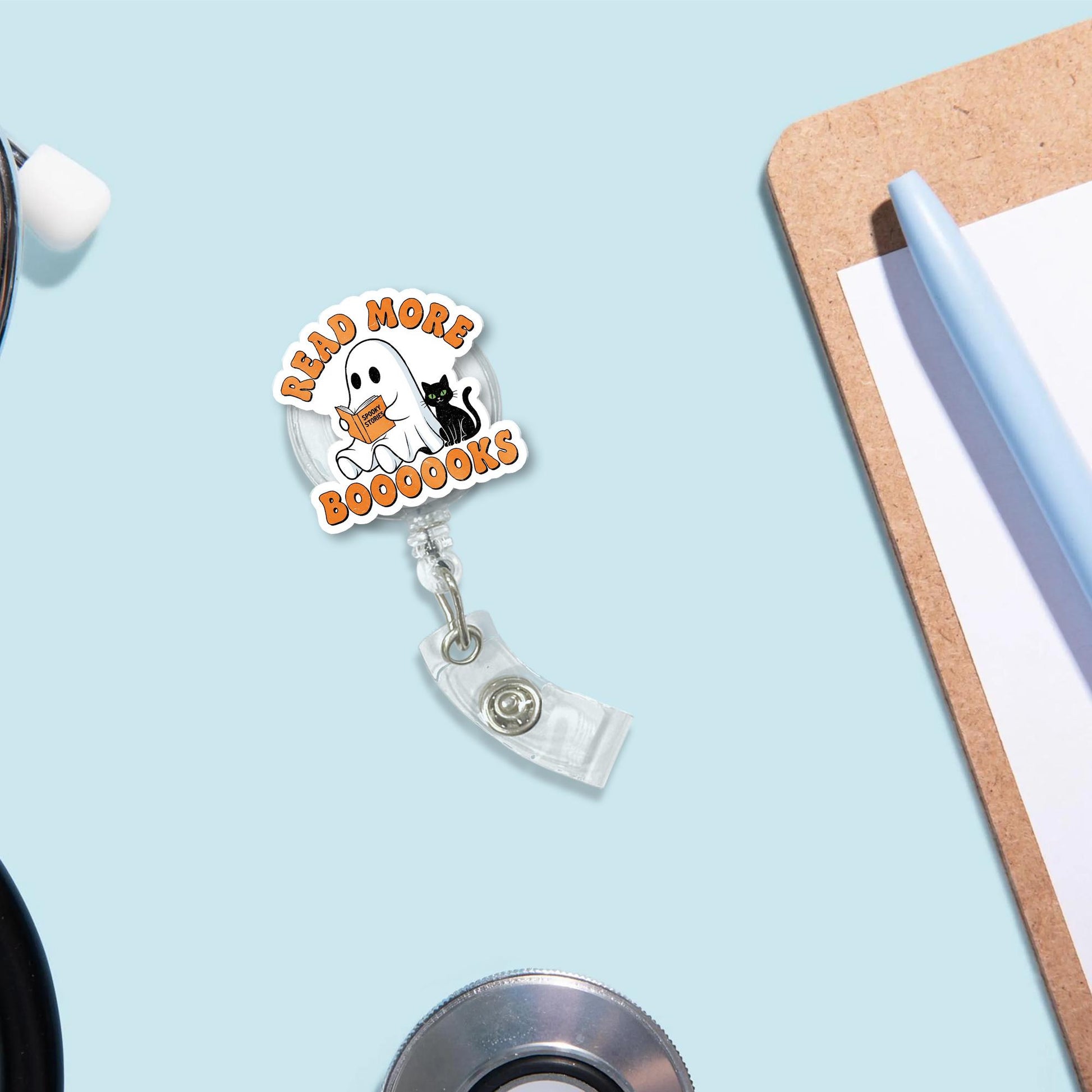 Read More Books Badge Reel, Halloween Ghost ID Clip, Librarian Book Lover Gift, Spooky Cute Reading Badge, Fall Teacher Accessory