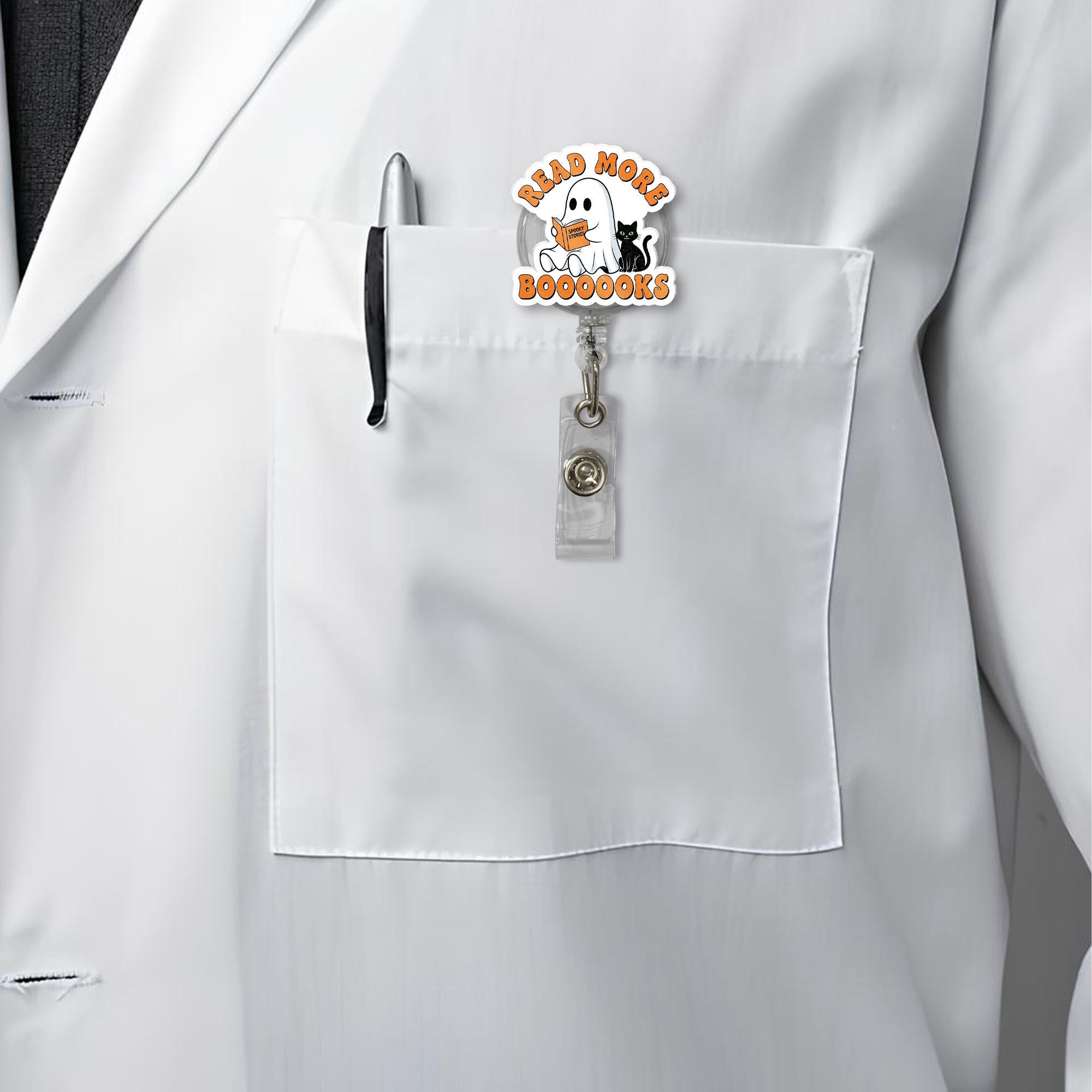 Read More Books Badge Reel, Halloween Ghost ID Clip, Librarian Book Lover Gift, Spooky Cute Reading Badge, Fall Teacher Accessory