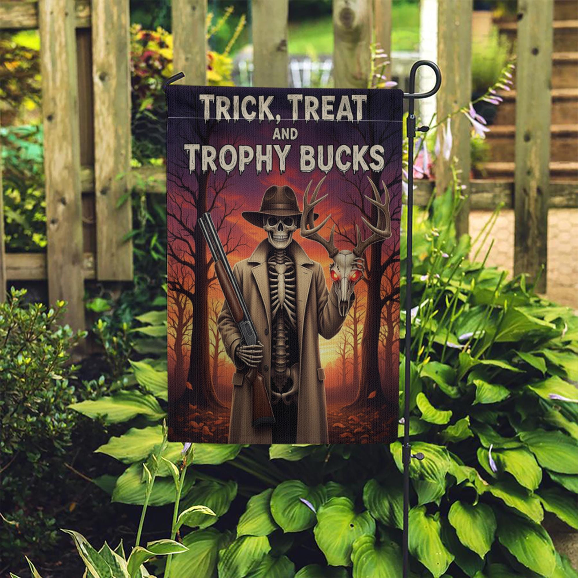 Trick Treat Trophy Bucks Garden Flag - Halloween Hunter Skeleton Yard Decor - Spooky Deer Skull Outdoor Fall Sign