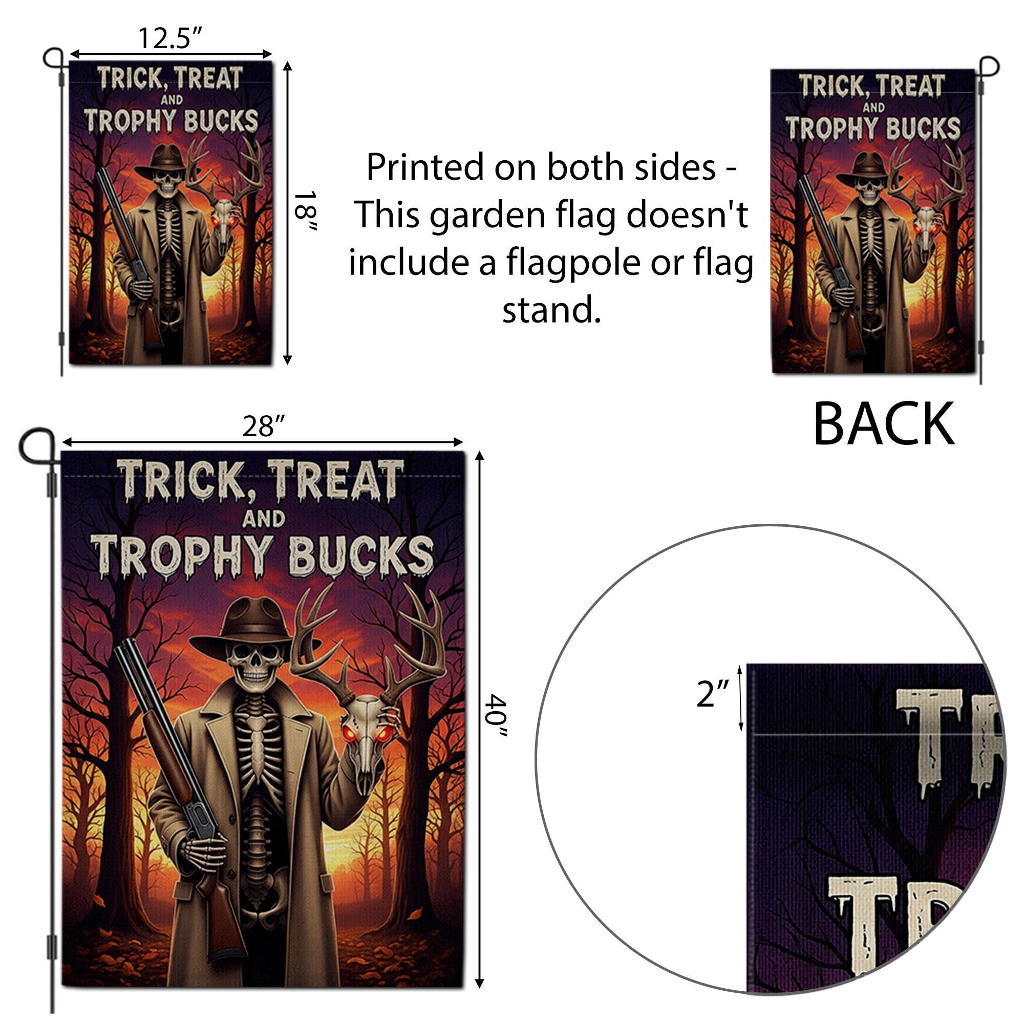 Trick Treat Trophy Bucks Garden Flag - Halloween Hunter Skeleton Yard Decor - Spooky Deer Skull Outdoor Fall Sign