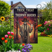 Trick Treat Trophy Bucks Garden Flag - Halloween Hunter Skeleton Yard Decor - Spooky Deer Skull Outdoor Fall Sign