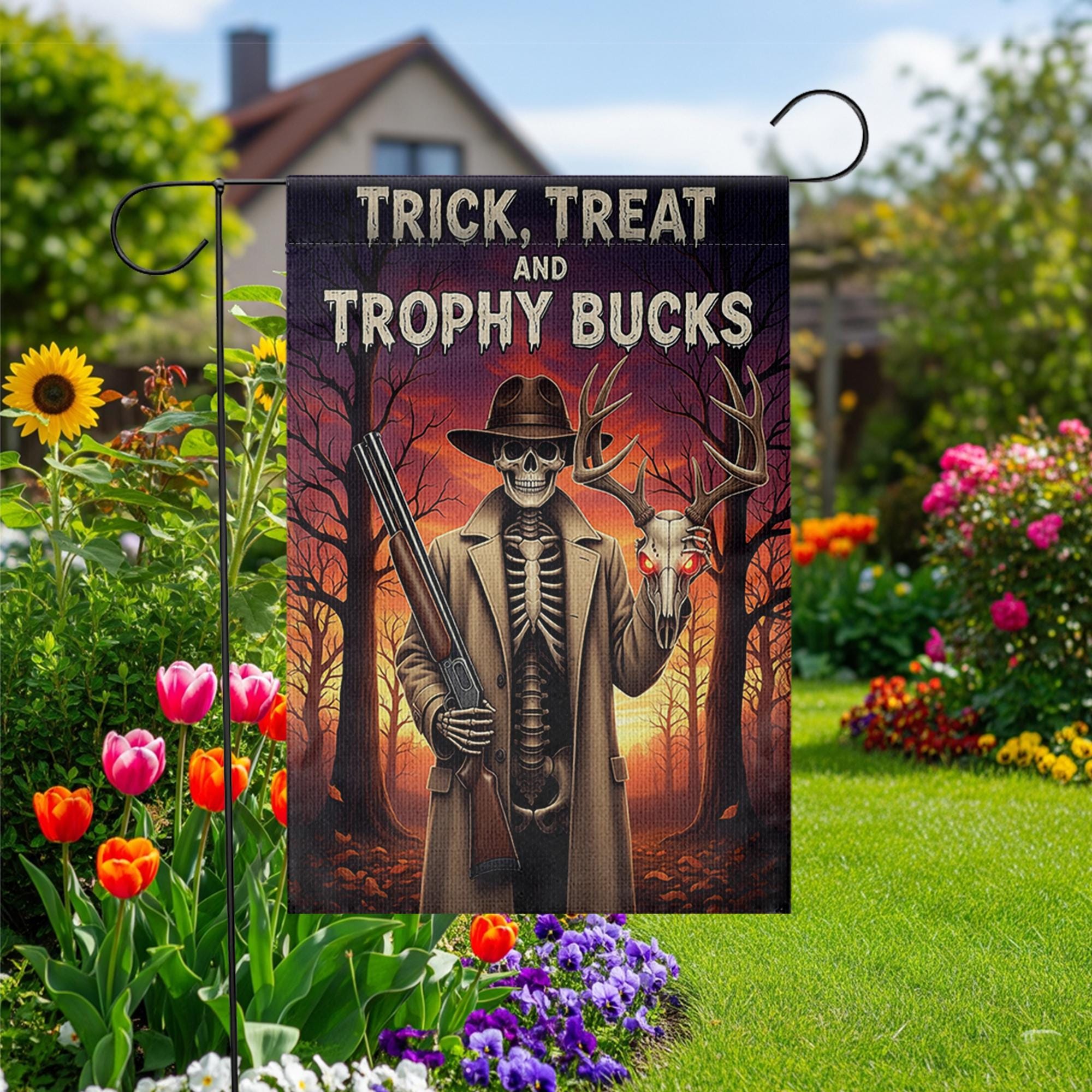 Trick Treat Trophy Bucks Garden Flag - Halloween Hunter Skeleton Yard Decor - Spooky Deer Skull Outdoor Fall Sign