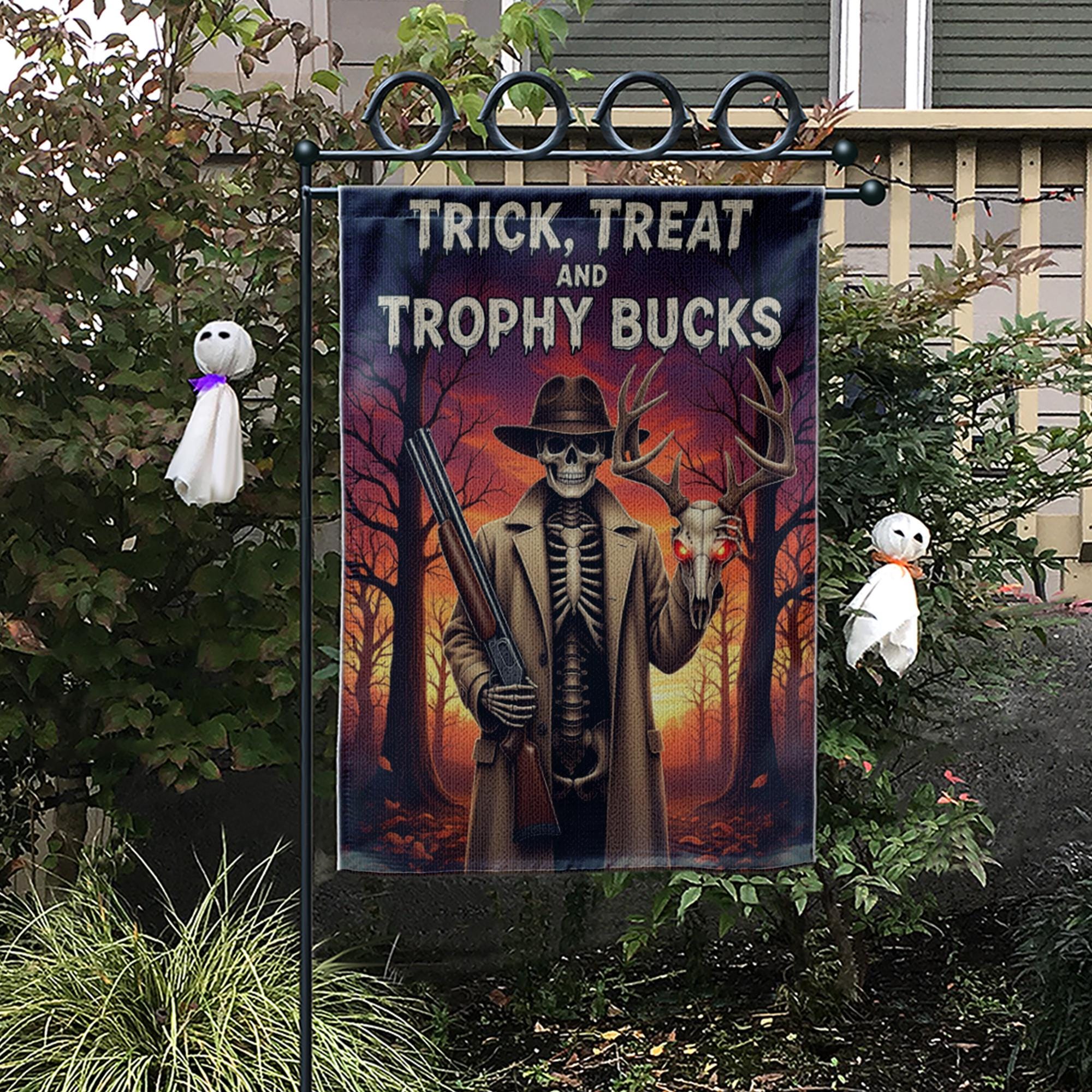 Trick Treat Trophy Bucks Garden Flag - Halloween Hunter Skeleton Yard Decor - Spooky Deer Skull Outdoor Fall Sign
