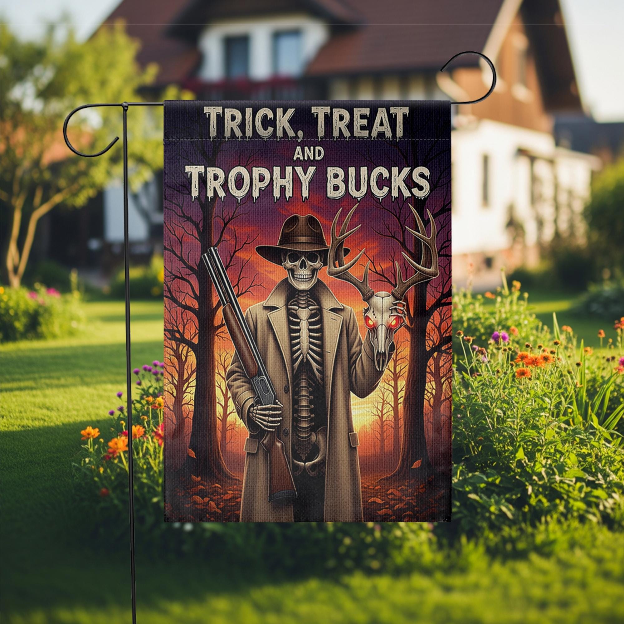 Trick Treat Trophy Bucks Garden Flag - Halloween Hunter Skeleton Yard Decor - Spooky Deer Skull Outdoor Fall Sign