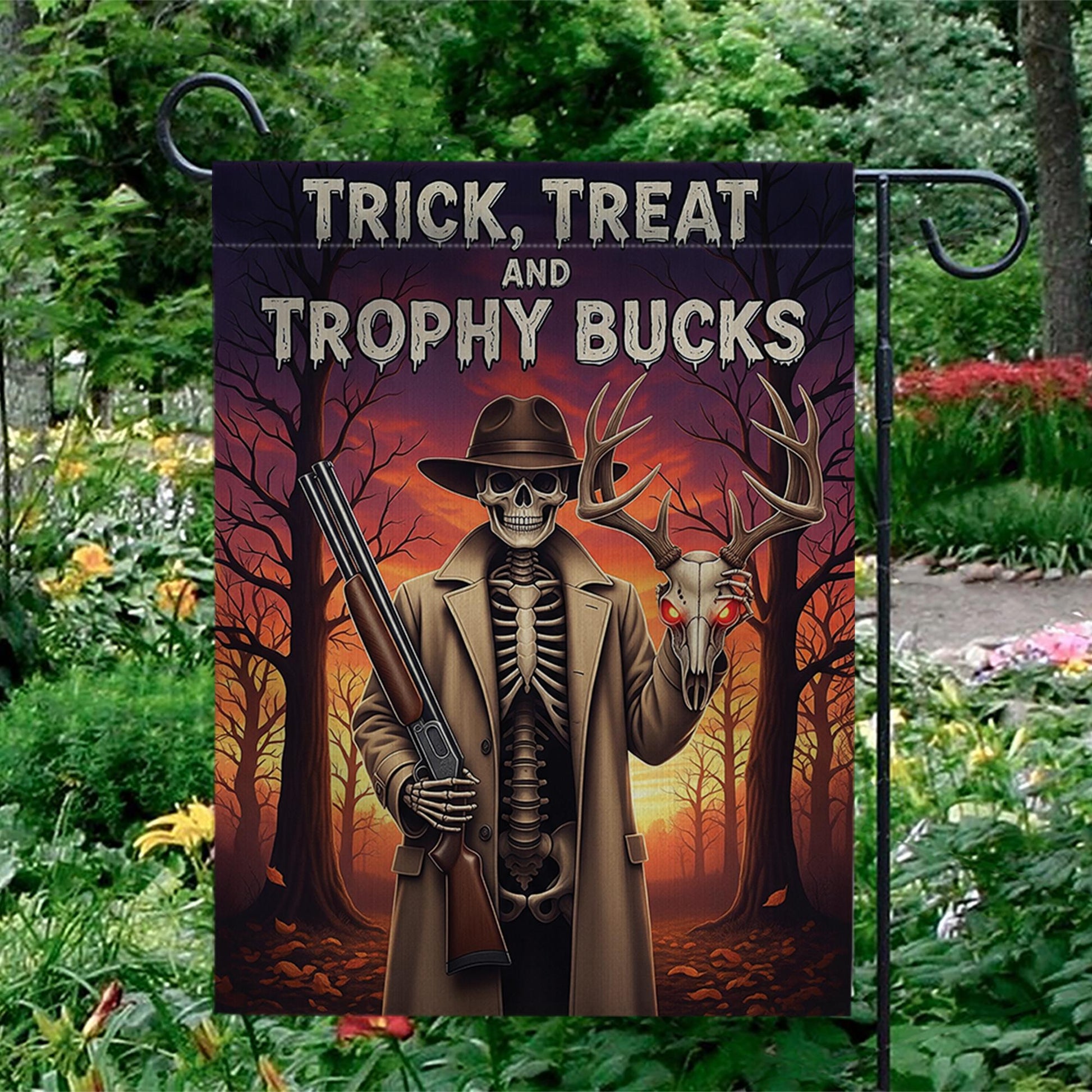 Trick Treat Trophy Bucks Garden Flag - Halloween Hunter Skeleton Yard Decor - Spooky Deer Skull Outdoor Fall Sign