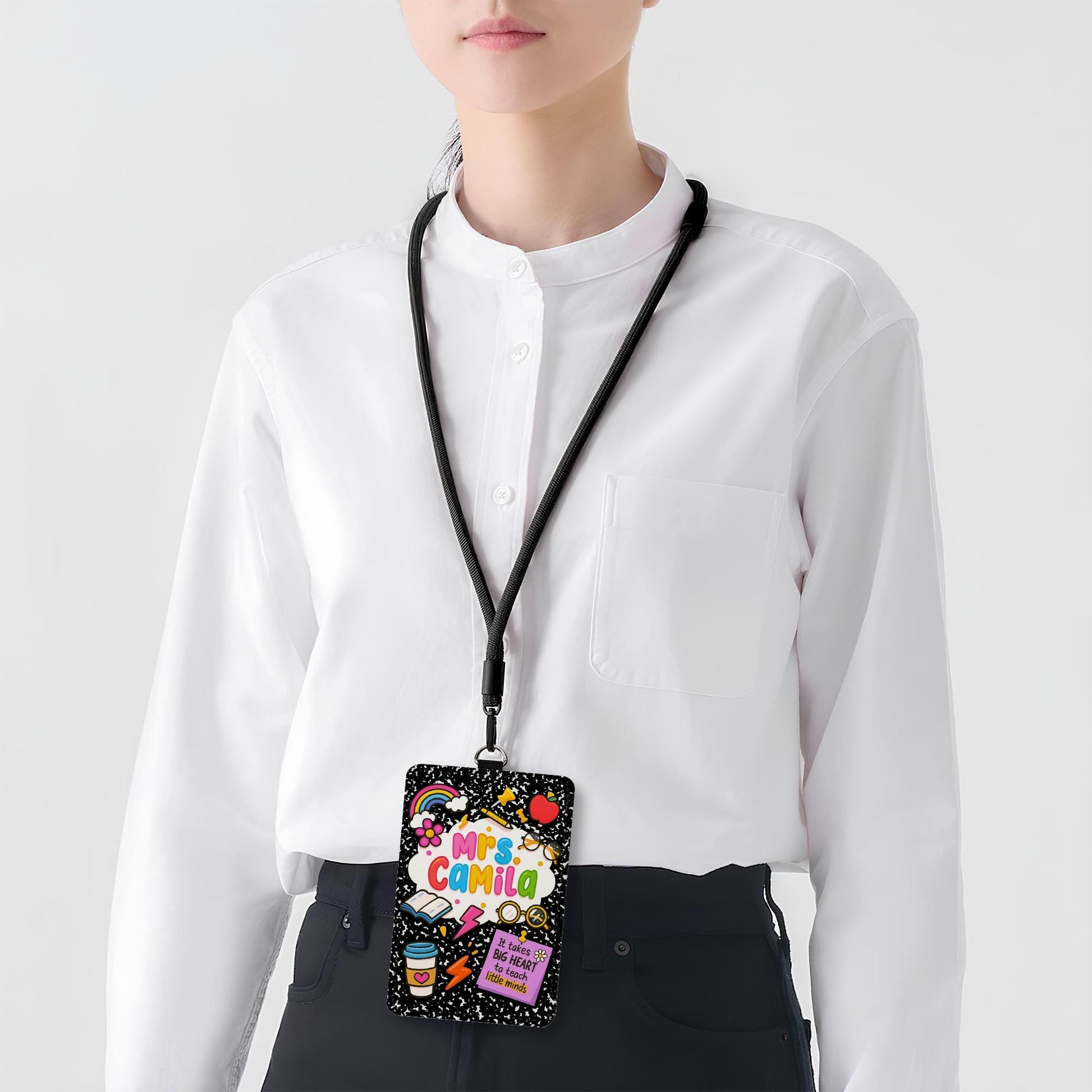 Personalized Teacher Badge Holder – Cute Composition Notebook Design for Teachers, Educators – Big Heart Quote Lanyard ID Tag Gift