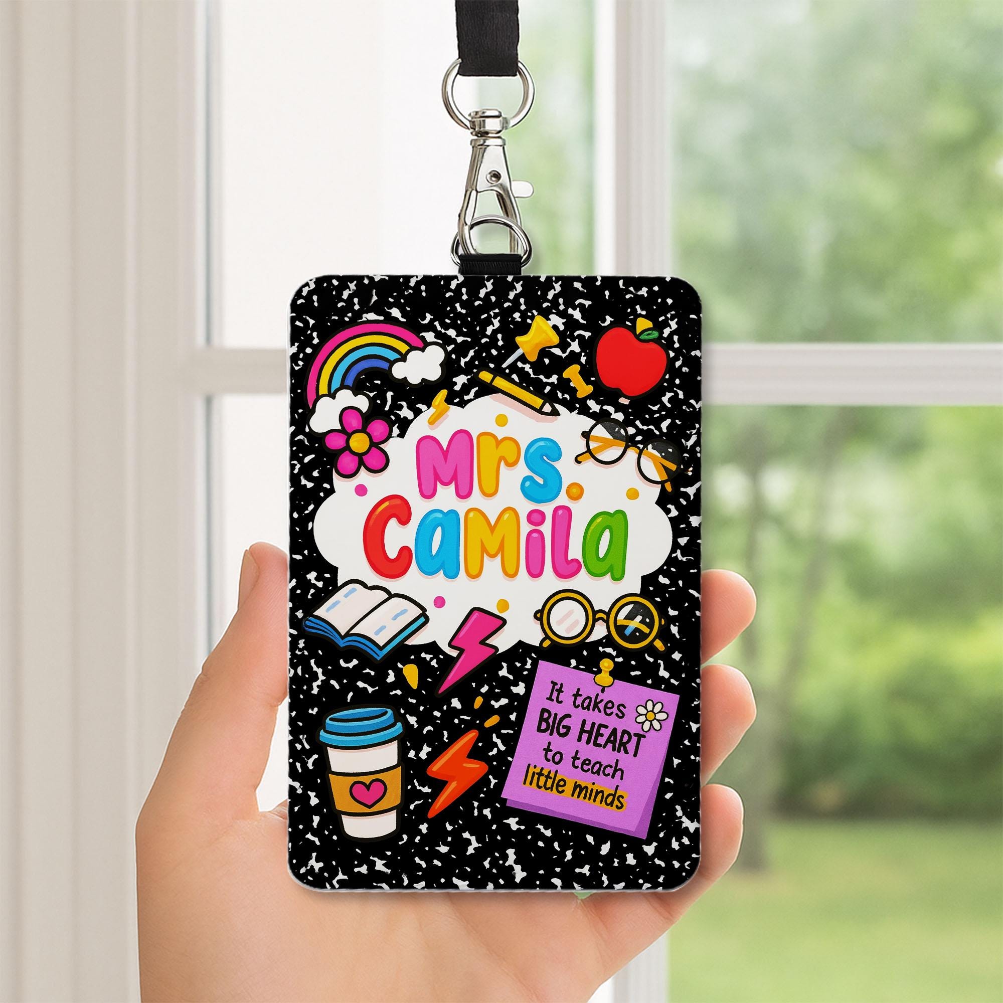 Personalized Teacher Badge Holder – Cute Composition Notebook Design for Teachers, Educators – Big Heart Quote Lanyard ID Tag Gift