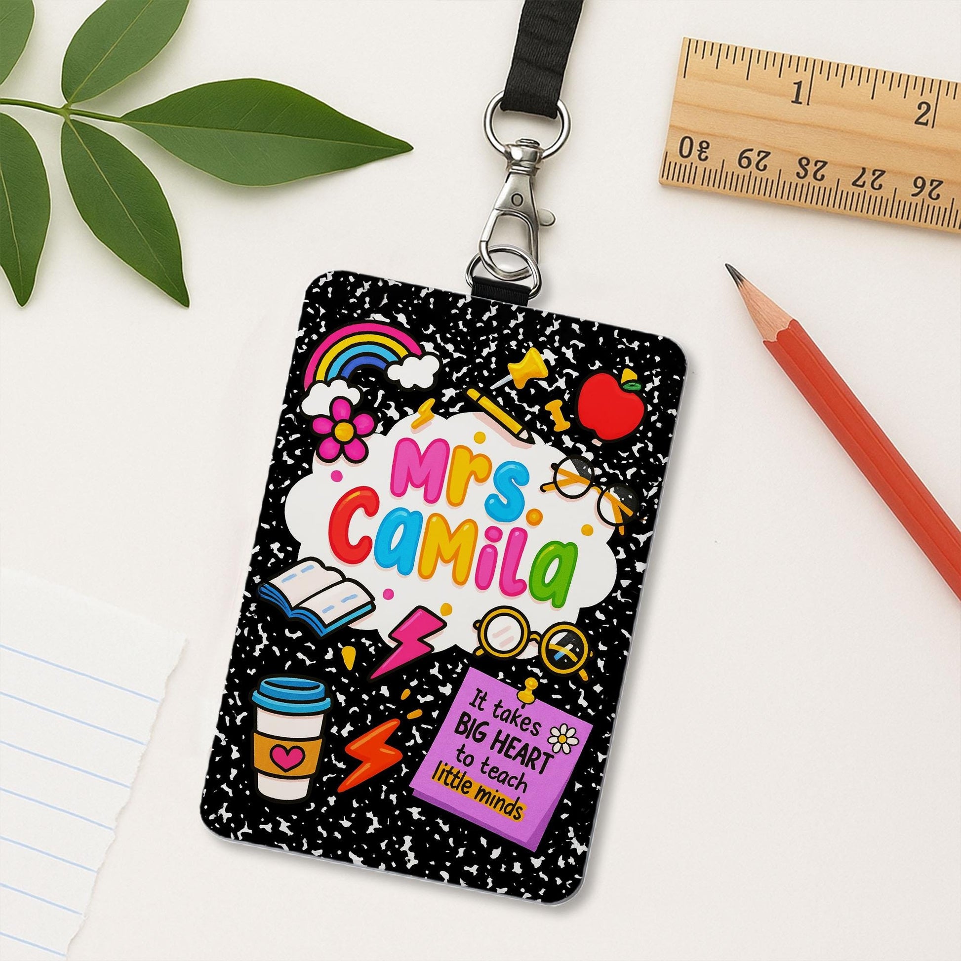 Personalized Teacher Badge Holder – Cute Composition Notebook Design for Teachers, Educators – Big Heart Quote Lanyard ID Tag Gift