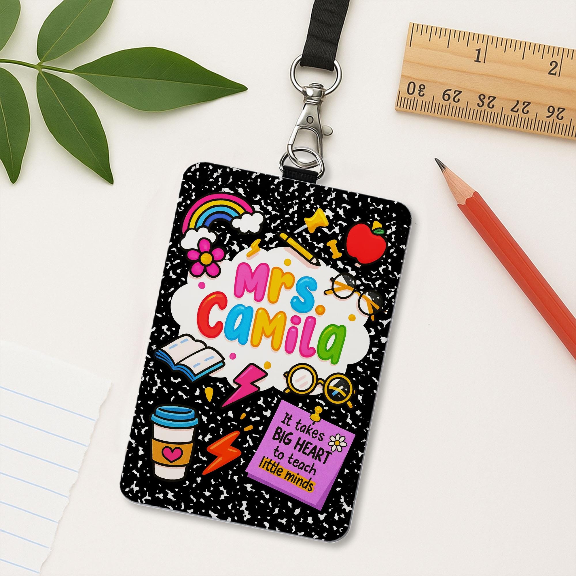 Personalized Teacher Badge Holder – Cute Composition Notebook Design for Teachers, Educators – Big Heart Quote Lanyard ID Tag Gift