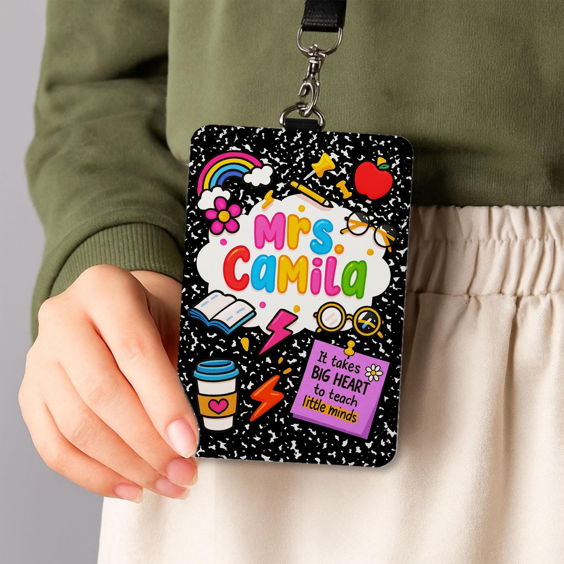 Personalized Teacher Badge Holder – Cute Composition Notebook Design for Teachers, Educators – Big Heart Quote Lanyard ID Tag Gift