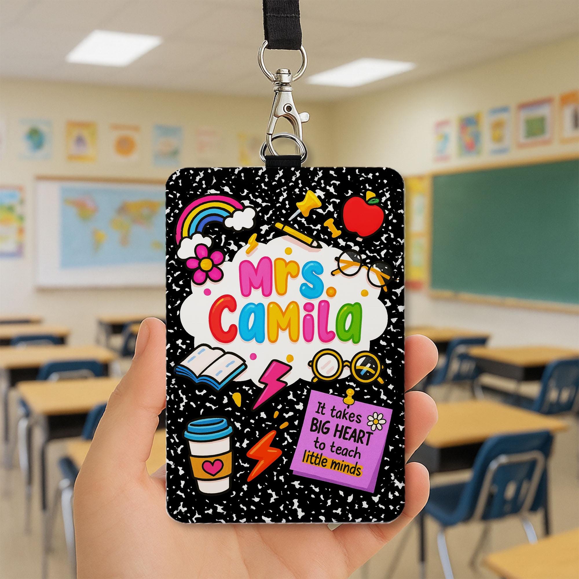 Personalized Teacher Badge Holder – Cute Composition Notebook Design for Teachers, Educators – Big Heart Quote Lanyard ID Tag Gift