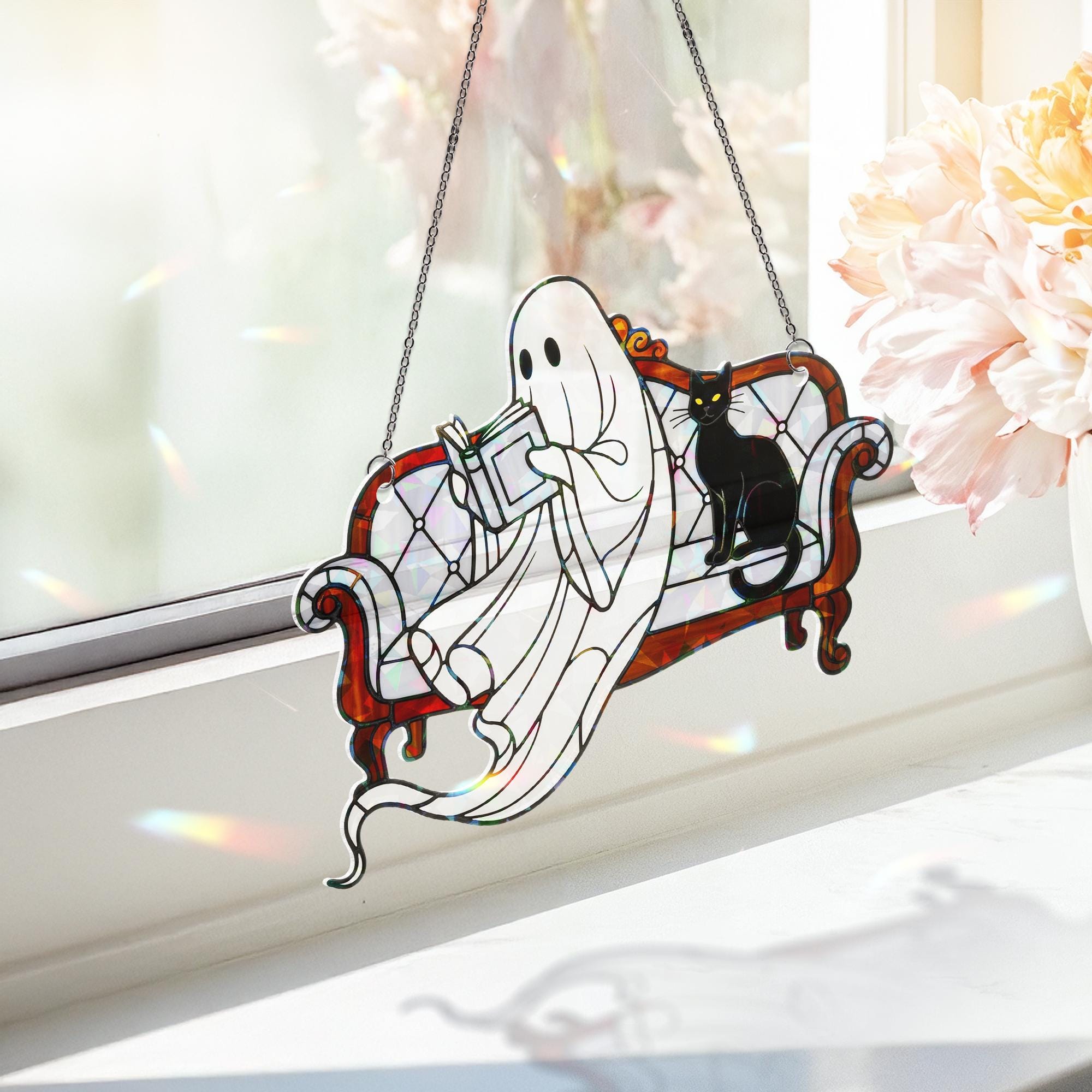 Holographic Ghost Reading Ornament, Black Cat Window Decor, Cozy Halloween Hanging, Spooky Ghost Light Catcher, Fall Book Lover Gift