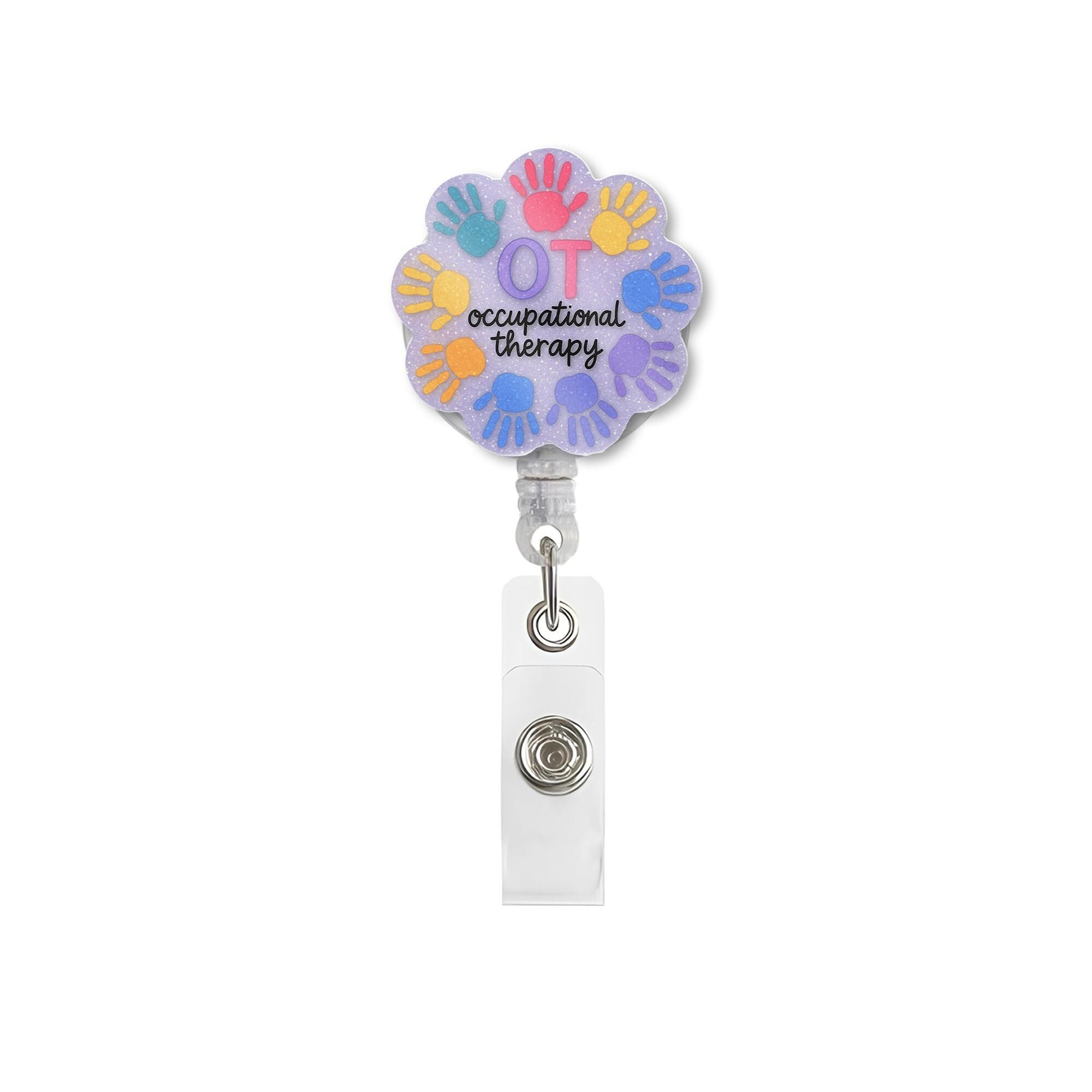 OT Badge Reel with Colorful Handprints, Faux Glitter Occupational Therapy ID Holder, Cute Clip for Therapists, OT Student Gift Idea