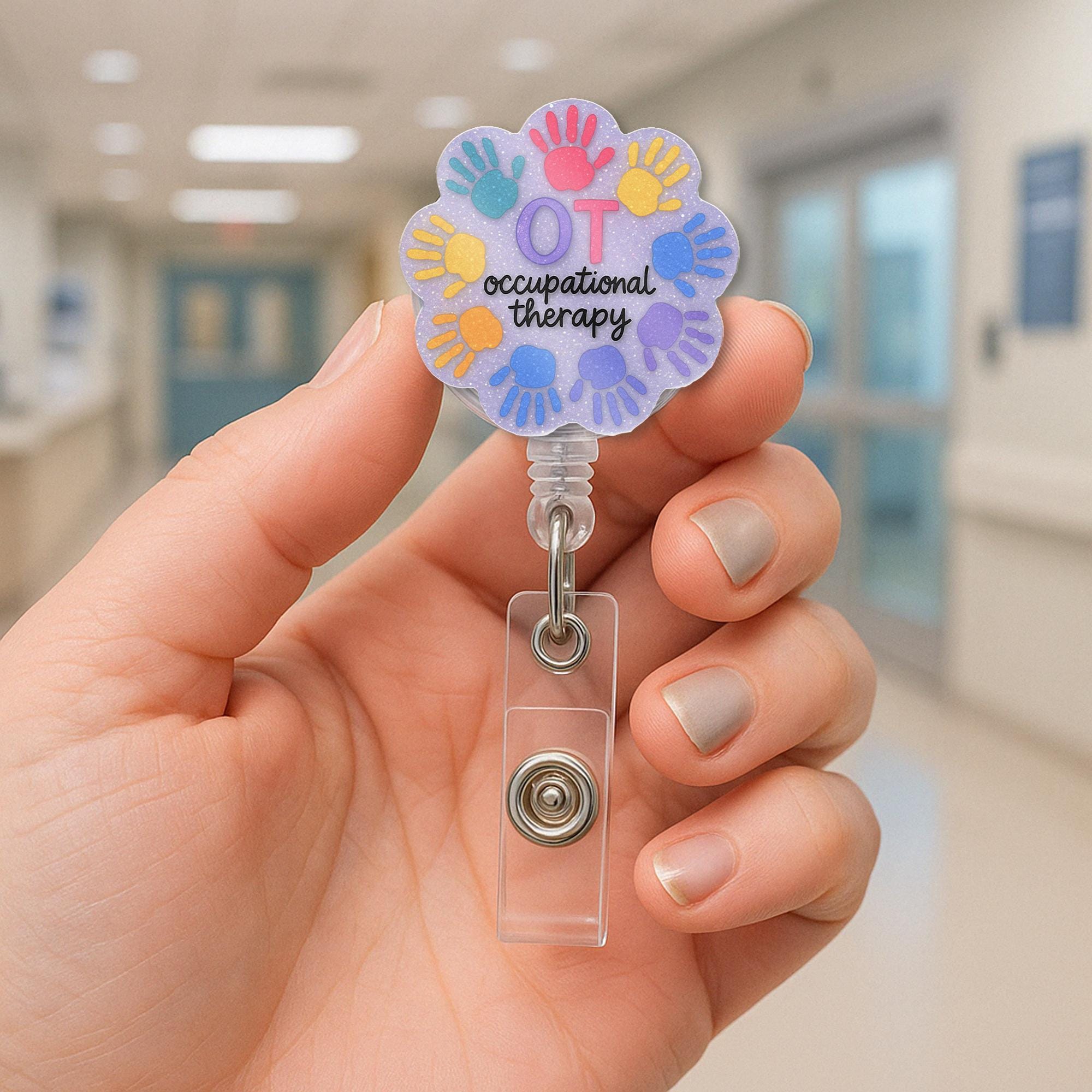 OT Badge Reel with Colorful Handprints, Faux Glitter Occupational Therapy ID Holder, Cute Clip for Therapists, OT Student Gift Idea