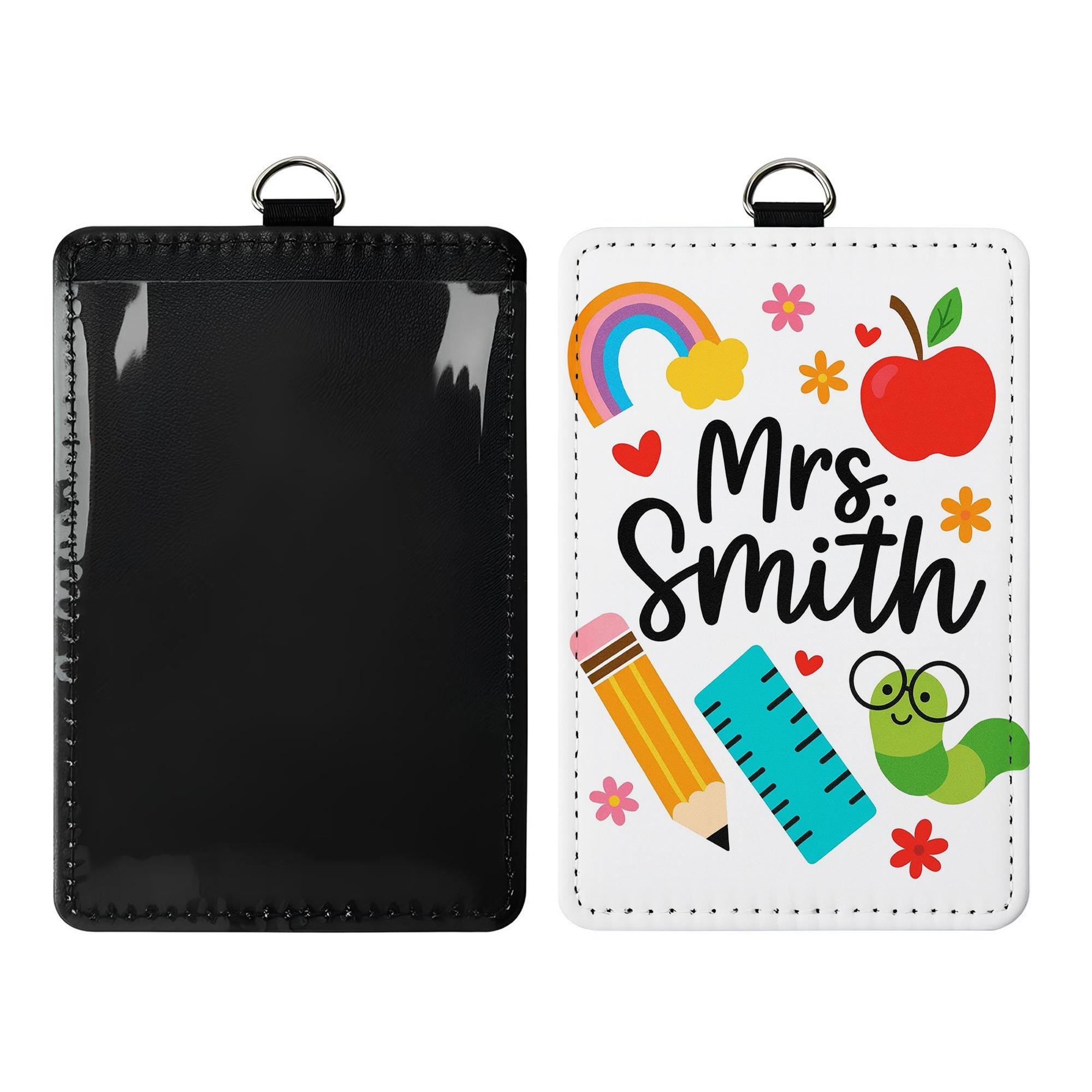 Personalized Teacher Badge Holder, Cute School Icons ID Tag for Teachers, Educators, Rainbow, Pencil, Apple Design Lanyard Gift, School Gift